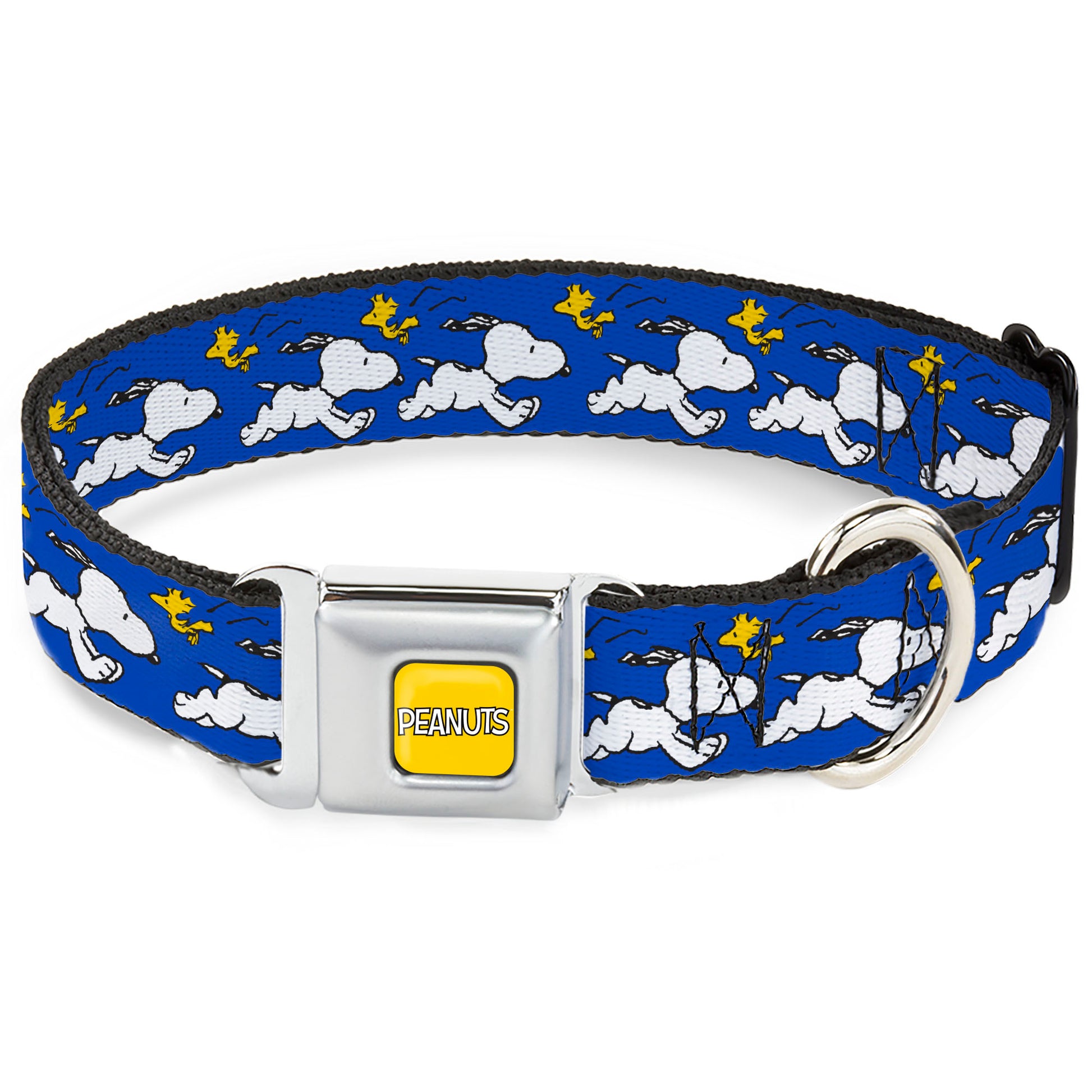 PEANUTS Title Logo Full Color Yellow/White Seatbelt Buckle Collar - Peanuts Snoopy Running and Woodstock Pose Blue Seatbelt Buckle Collars Peanuts
