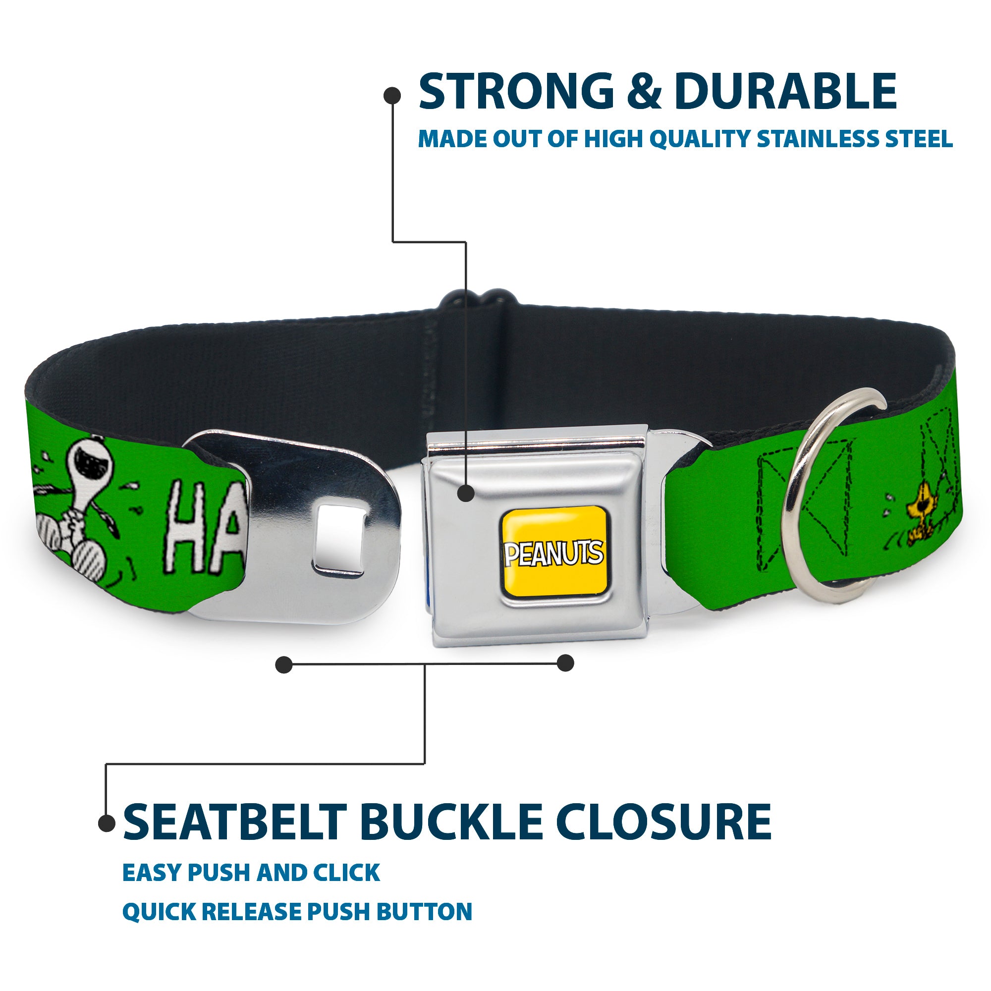 PEANUTS Title Logo Full Color Yellow/White Seatbelt Buckle Collar - Peanuts Snoopy and Woodstock Laughing HAHA Pose Green Seatbelt Buckle Collars Peanuts