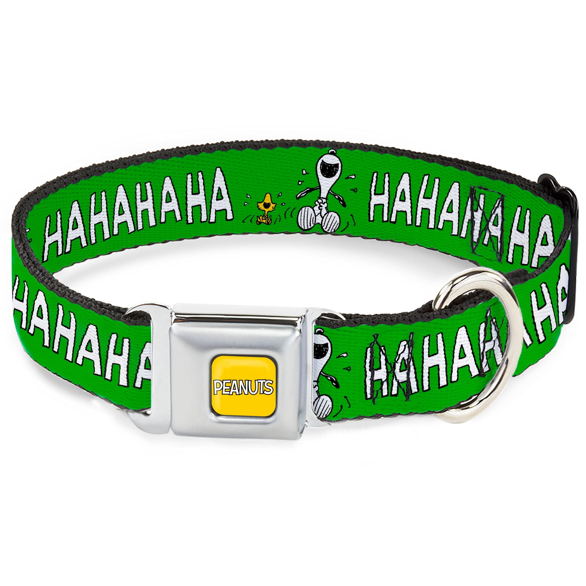 PEANUTS Title Logo Full Color Yellow/White Seatbelt Buckle Collar - Peanuts Snoopy and Woodstock Laughing HAHA Pose Green Seatbelt Buckle Collars Peanuts