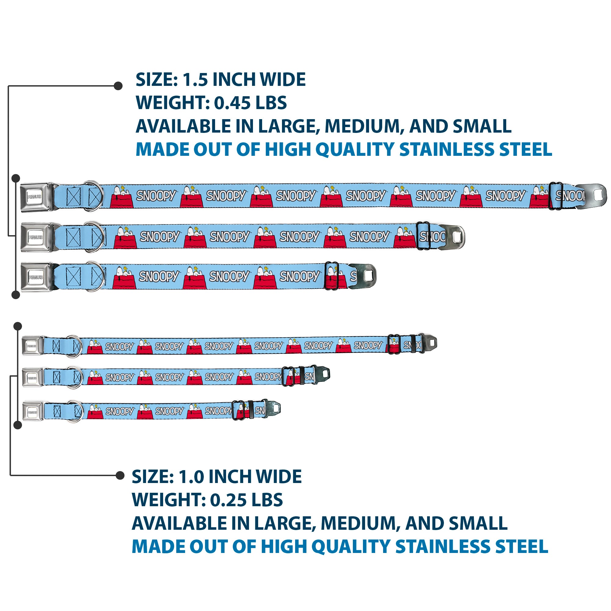 PEANUTS Title Logo Full Color Gray/White Seatbelt Buckle Collar - Peanuts Snoopy and Woodstock Dog House Pose and Text Sky Blue Seatbelt Buckle Collars Peanuts
