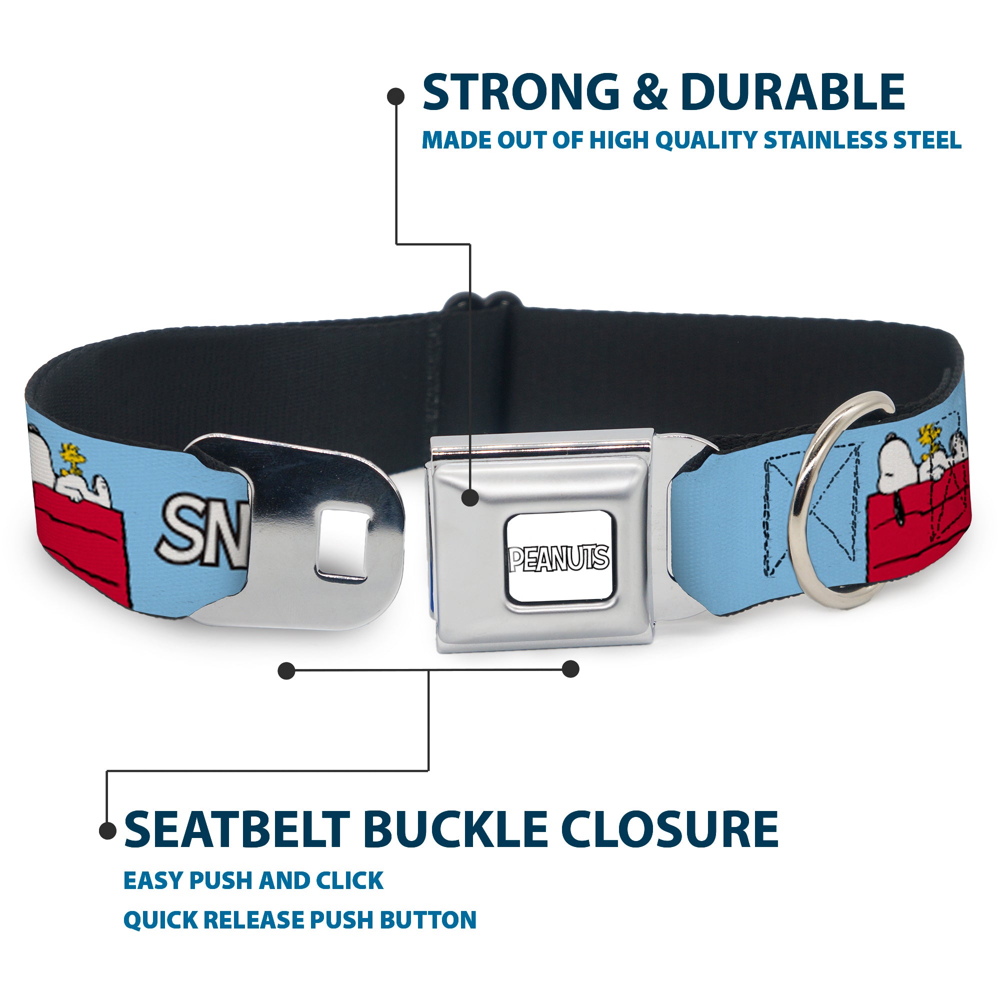 PEANUTS Title Logo Full Color Gray/White Seatbelt Buckle Collar - Peanuts Snoopy and Woodstock Dog House Pose and Text Sky Blue Seatbelt Buckle Collars Peanuts