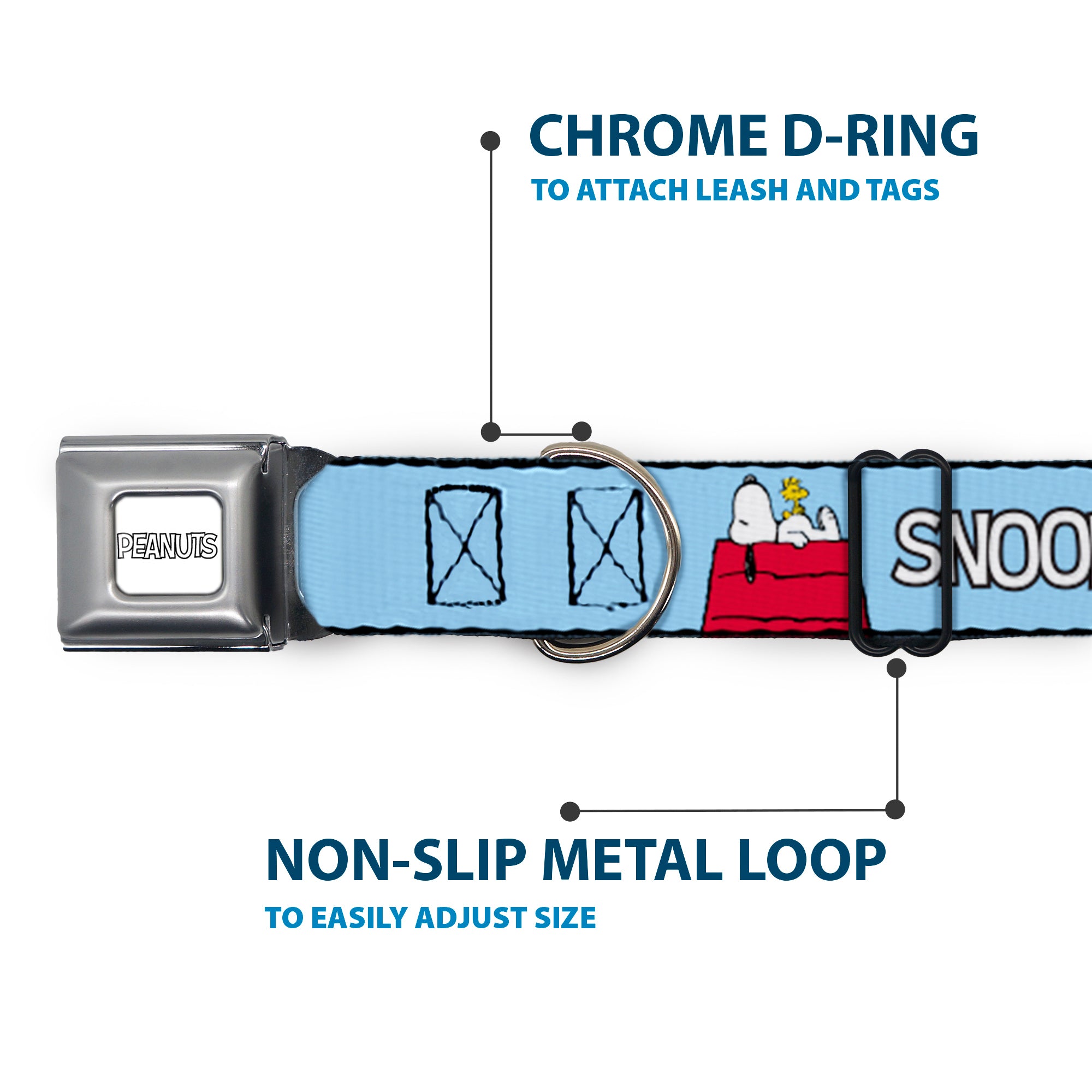 PEANUTS Title Logo Full Color Gray/White Seatbelt Buckle Collar - Peanuts Snoopy and Woodstock Dog House Pose and Text Sky Blue Seatbelt Buckle Collars Peanuts