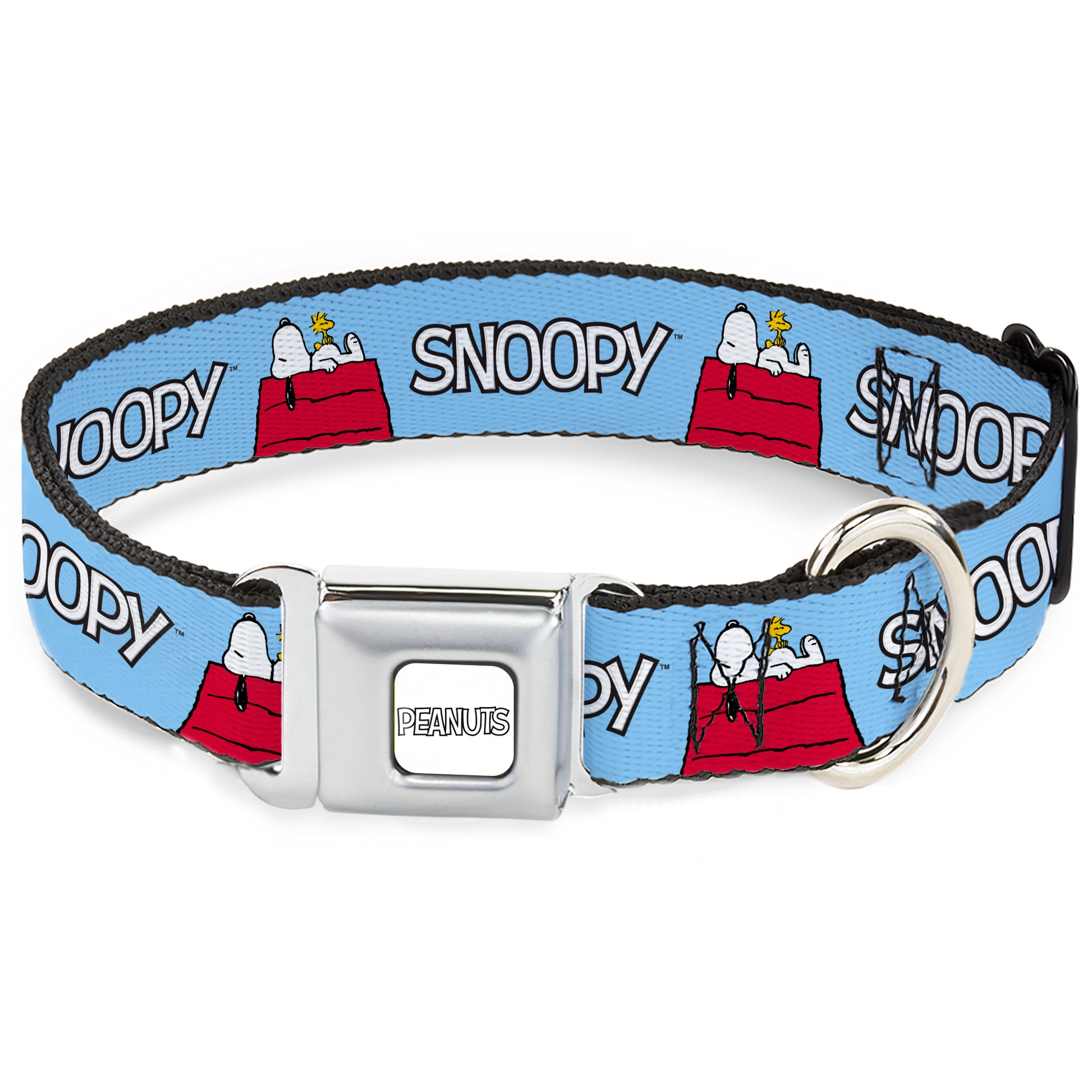 PEANUTS Title Logo Full Color Gray/White Seatbelt Buckle Collar - Peanuts Snoopy and Woodstock Dog House Pose and Text Sky Blue Seatbelt Buckle Collars Peanuts