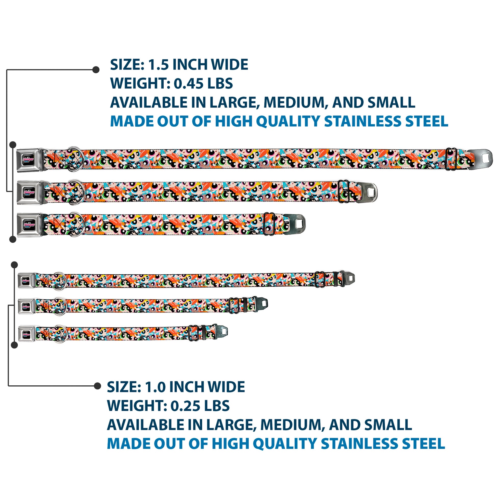 THE POWERPUFF GIRLS Animated Series Title Logo Full Color Black Seatbelt Buckle Collar - The Powerpuff Girls Expressions Stacked Seatbelt Buckle Collars Powerpuff Girls