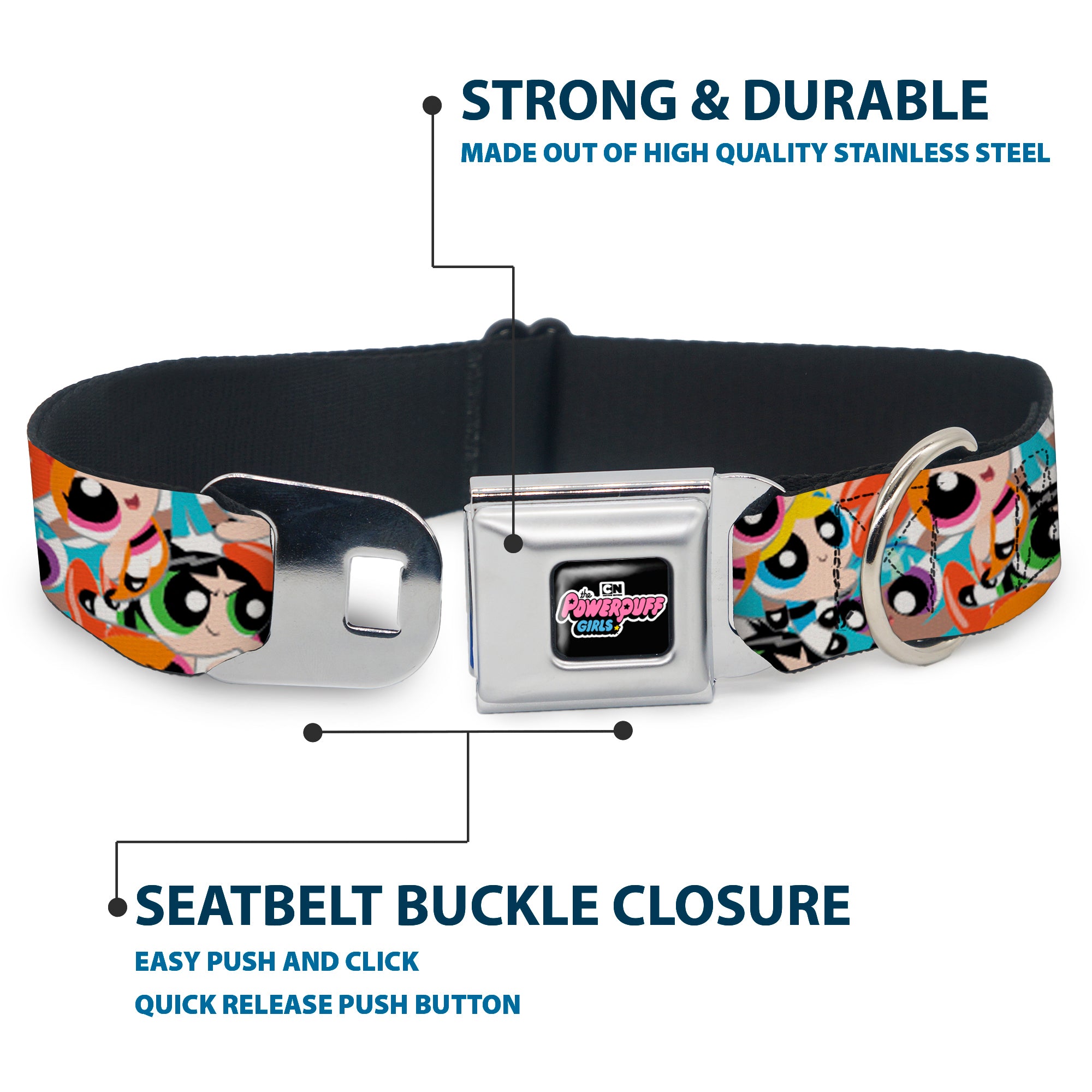 THE POWERPUFF GIRLS Animated Series Title Logo Full Color Black Seatbelt Buckle Collar - The Powerpuff Girls Expressions Stacked Seatbelt Buckle Collars Powerpuff Girls