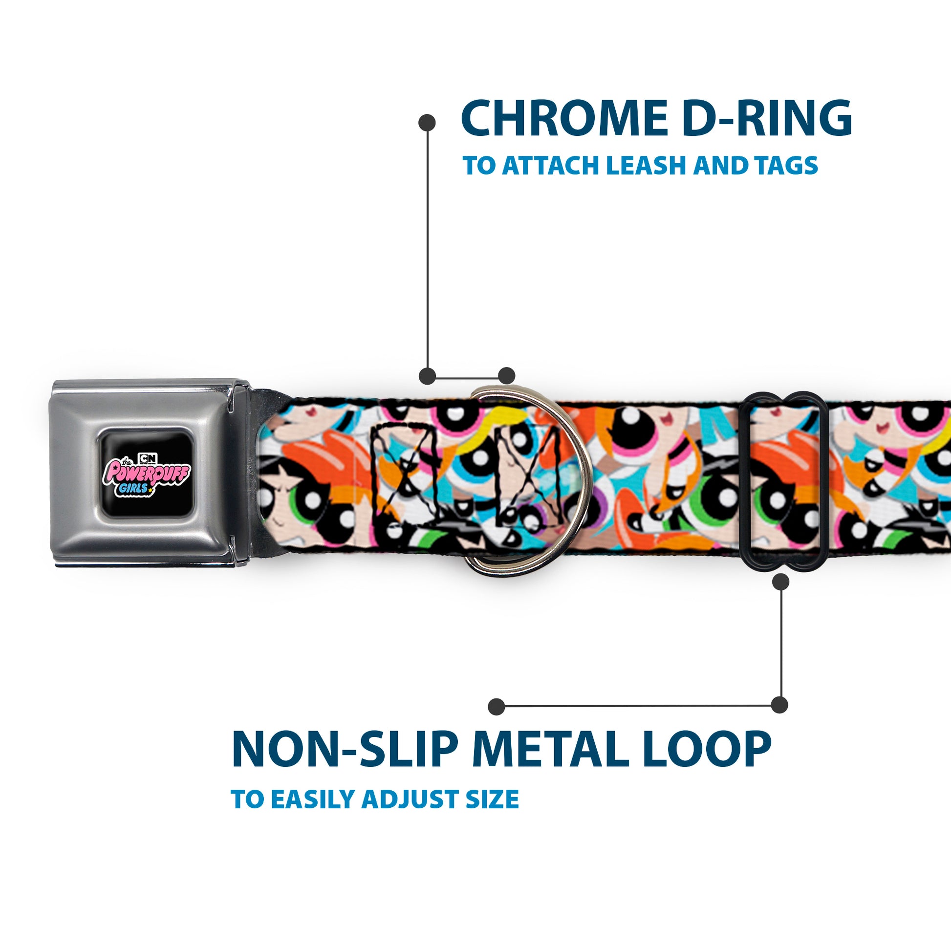 THE POWERPUFF GIRLS Animated Series Title Logo Full Color Black Seatbelt Buckle Collar - The Powerpuff Girls Expressions Stacked Seatbelt Buckle Collars Powerpuff Girls