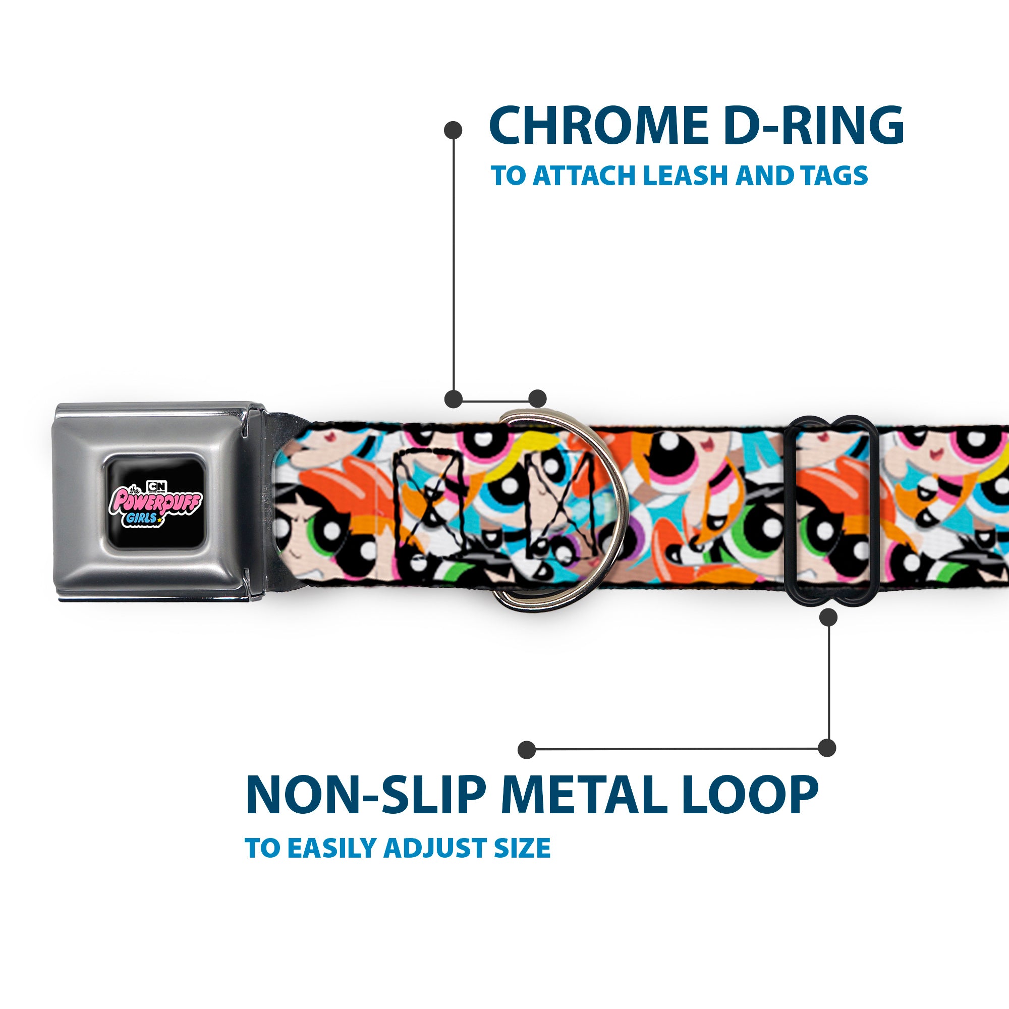 THE POWERPUFF GIRLS Animated Series Title Logo Full Color Black Seatbelt Buckle Collar - The Powerpuff Girls Expressions Stacked Seatbelt Buckle Collars Powerpuff Girls