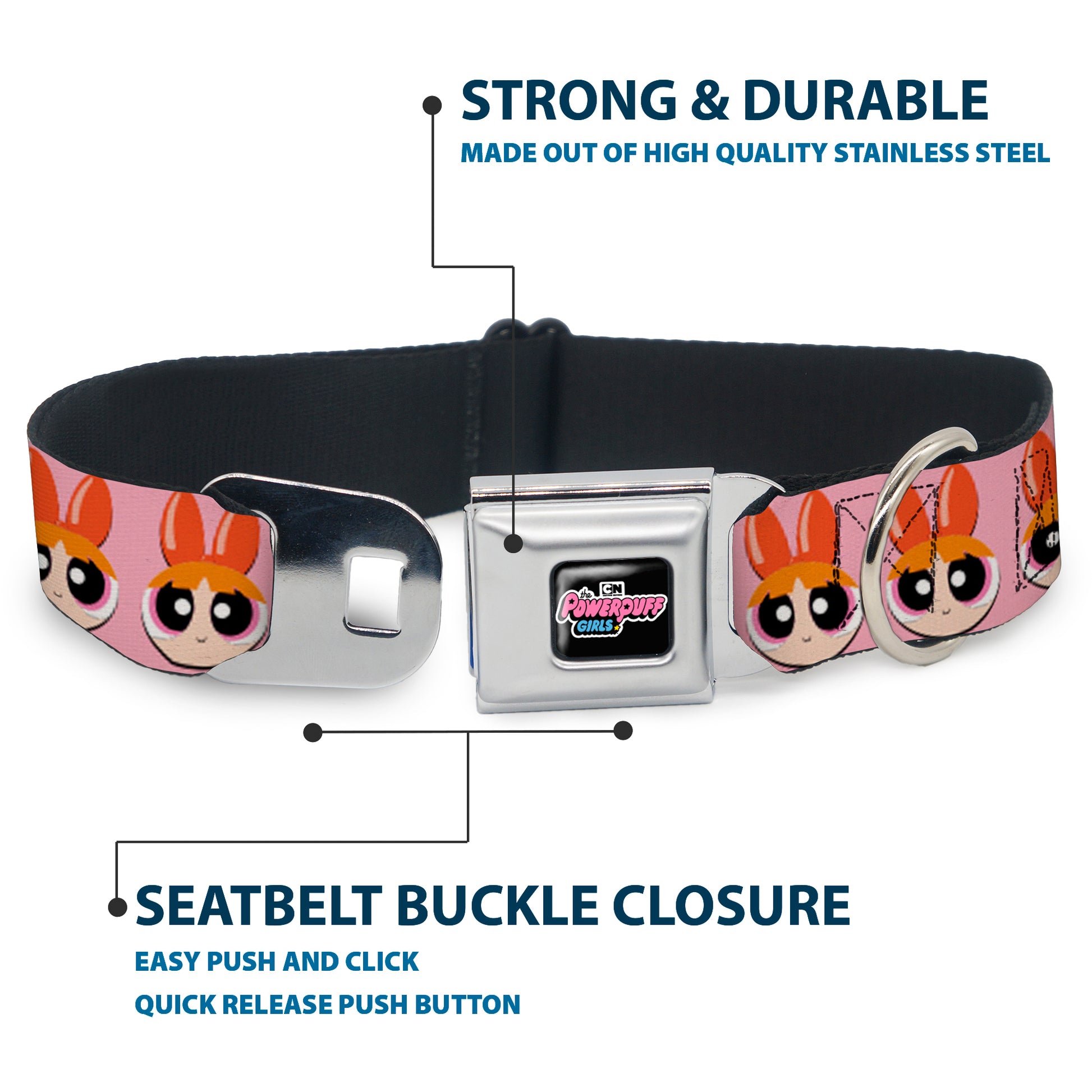THE POWERPUFF GIRLS Animated Series Title Logo Full Color Black Seatbelt Buckle Collar - The Powerpuff Girls Blossom Face Close-Up Pink Seatbelt Buckle Collars Powerpuff Girls