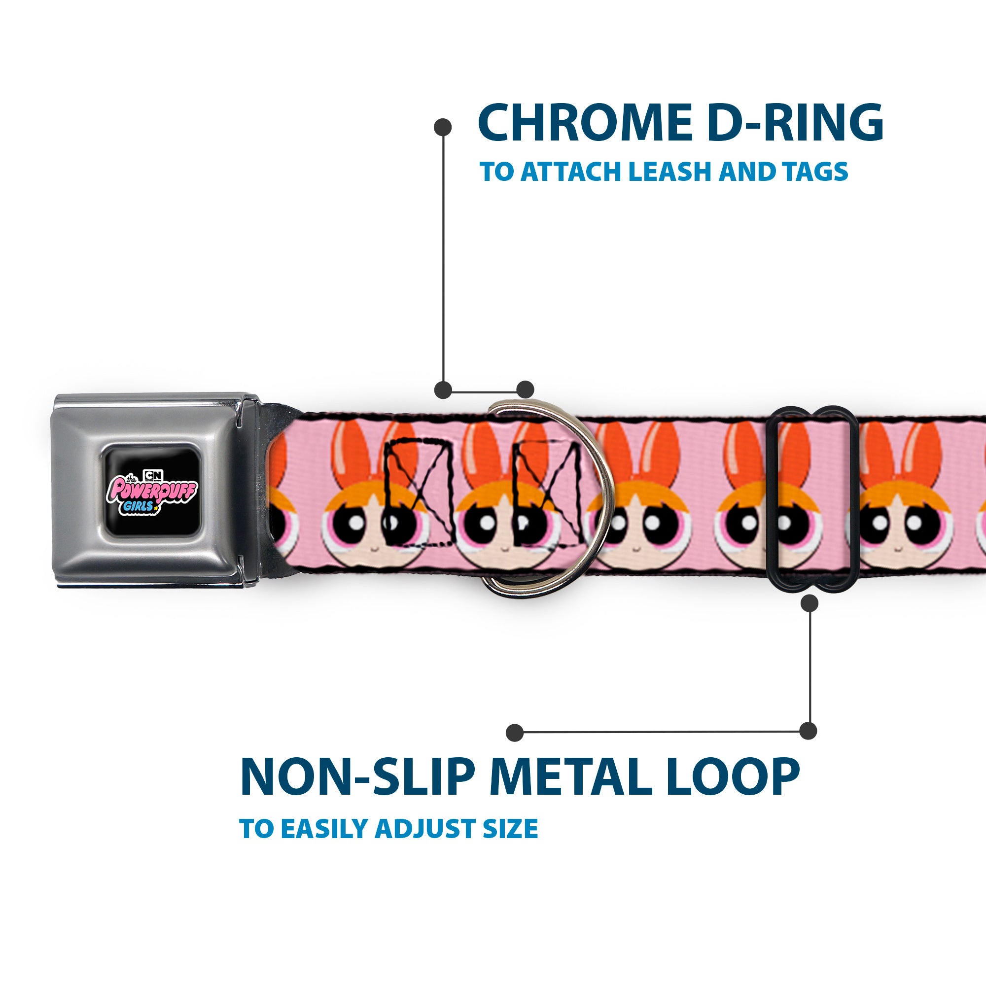 THE POWERPUFF GIRLS Animated Series Title Logo Full Color Black Seatbelt Buckle Collar - The Powerpuff Girls Blossom Face Close-Up Pink Seatbelt Buckle Collars Powerpuff Girls