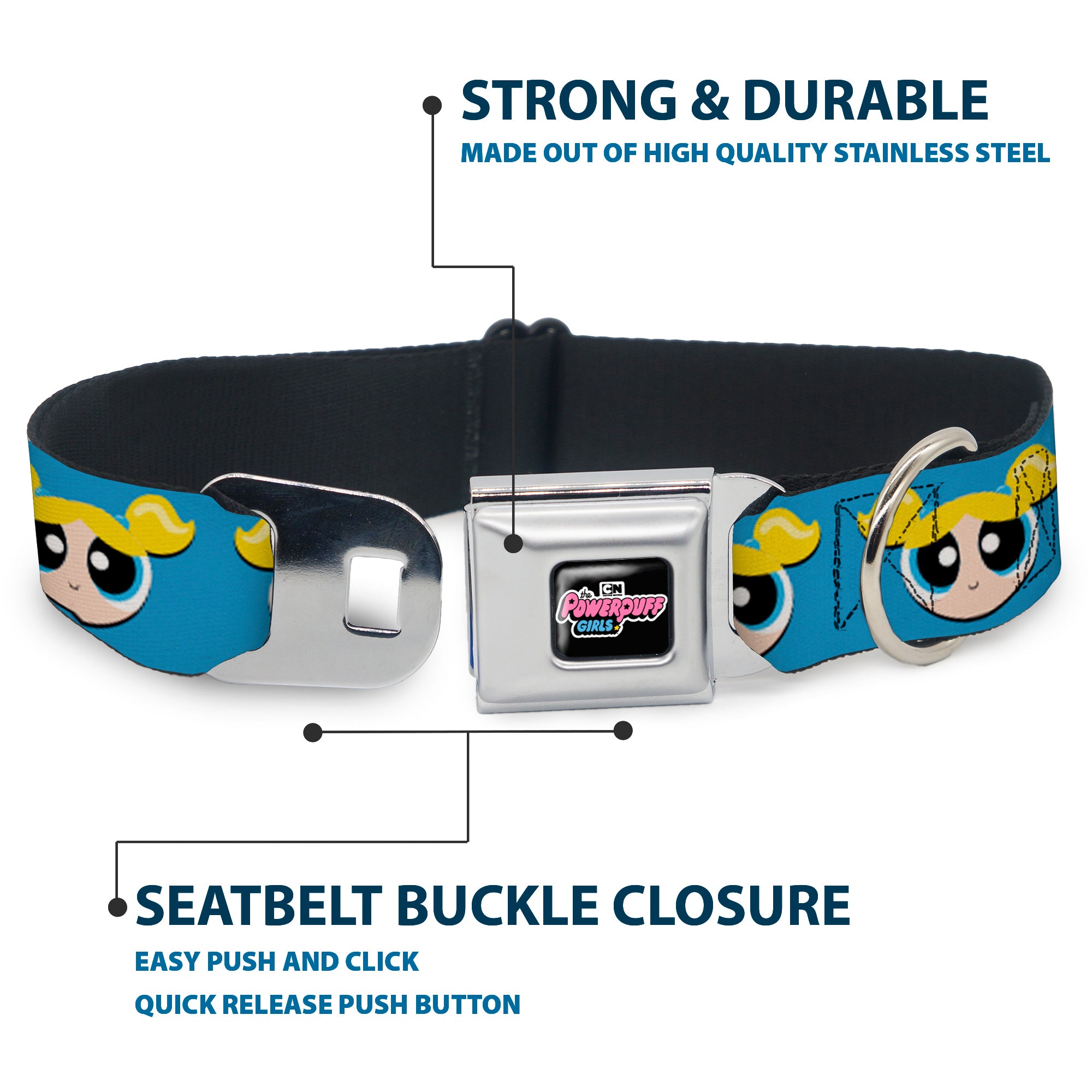 THE POWERPUFF GIRLS Animated Series Title Logo Full Color Black Seatbelt Buckle Collar - The Powerpuff Girls Bubbles Face Close-Up Blue Seatbelt Buckle Collars Powerpuff Girls