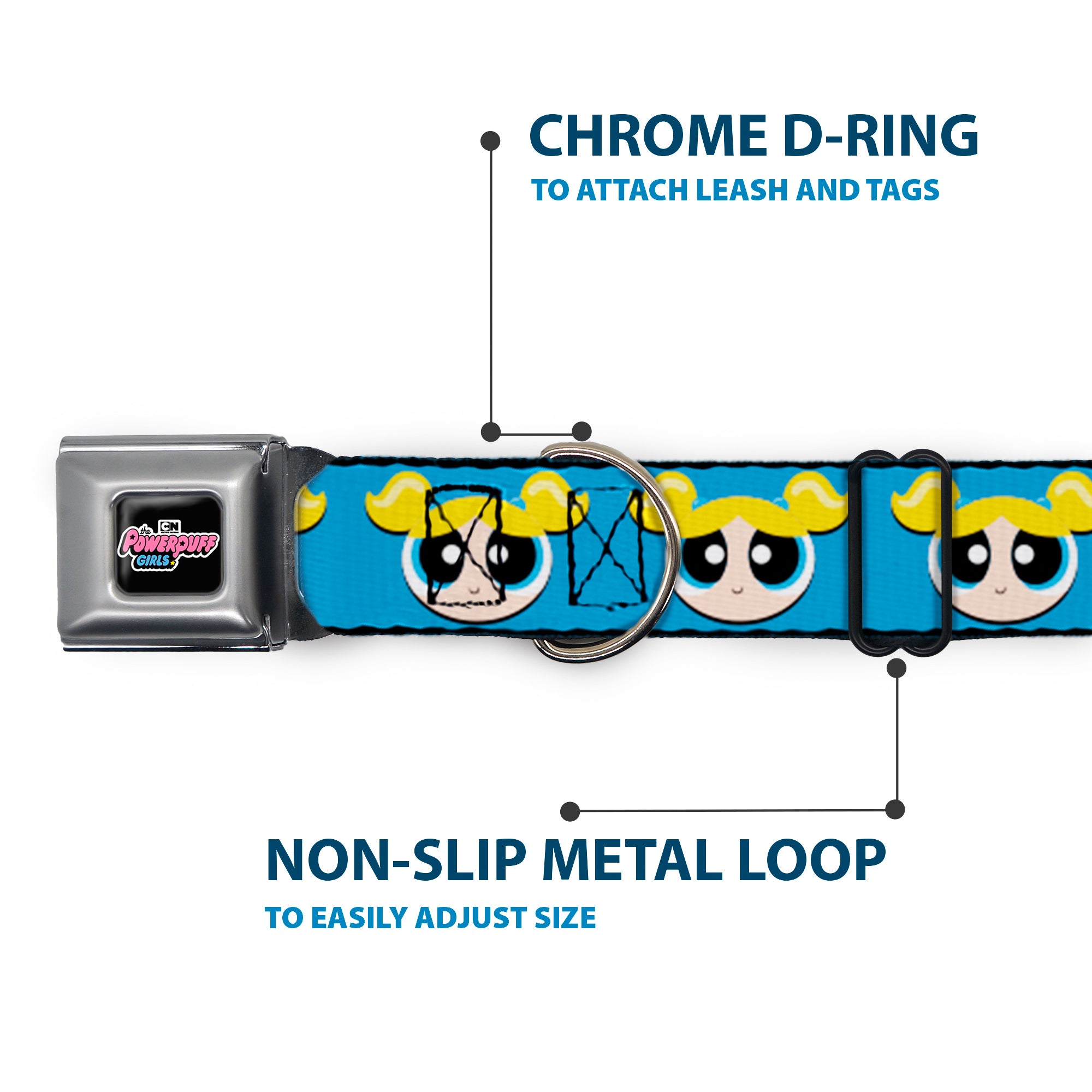 THE POWERPUFF GIRLS Animated Series Title Logo Full Color Black Seatbelt Buckle Collar - The Powerpuff Girls Bubbles Face Close-Up Blue Seatbelt Buckle Collars Powerpuff Girls