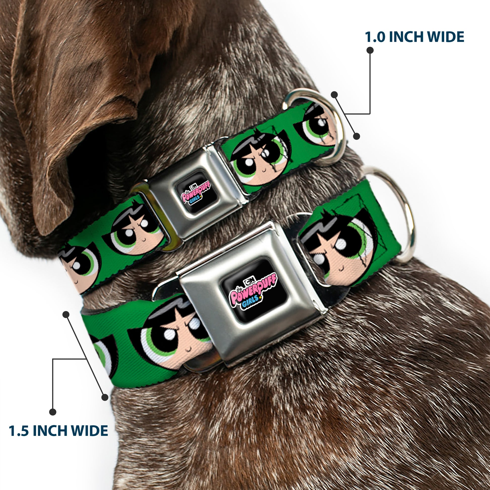 THE POWERPUFF GIRLS Animated Series Title Logo Full Color Black Seatbelt Buckle Collar - The Powerpuff Girls Buttercup Face Close-Up Green Seatbelt Buckle Collars Powerpuff Girls