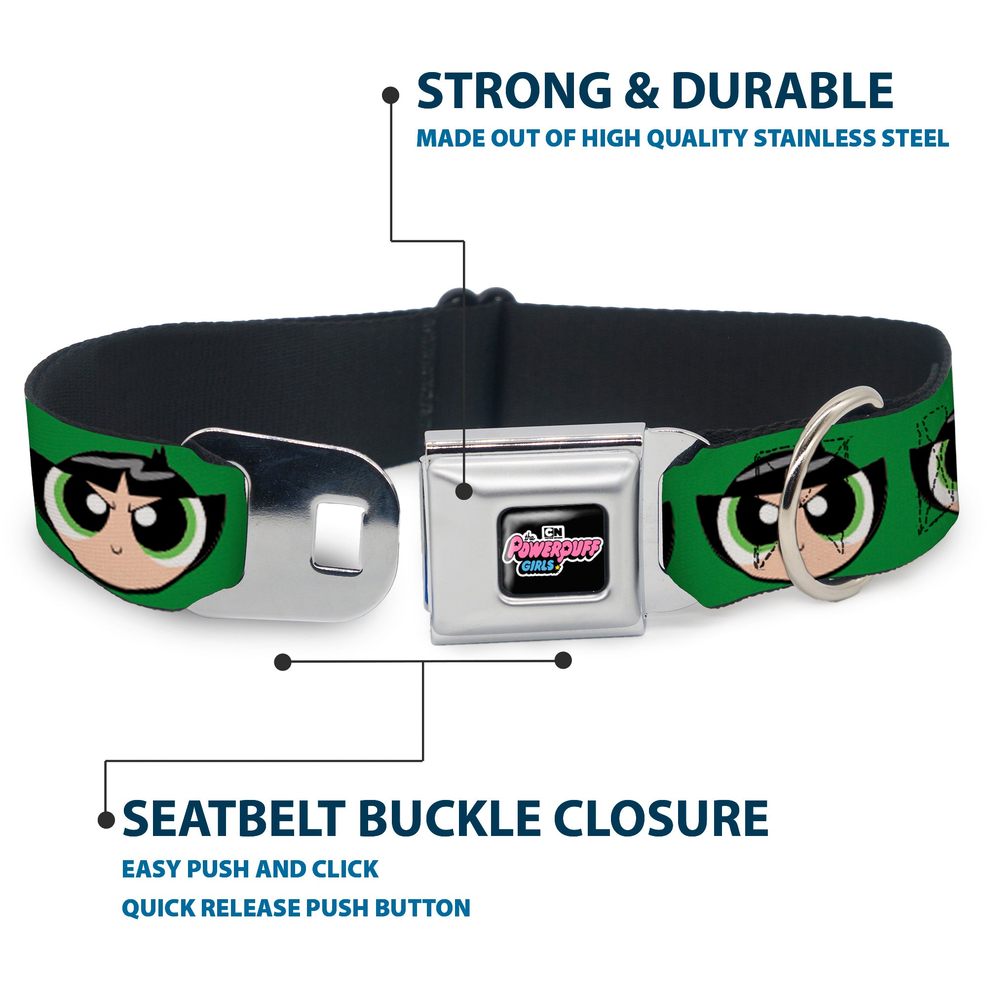 THE POWERPUFF GIRLS Animated Series Title Logo Full Color Black Seatbelt Buckle Collar - The Powerpuff Girls Buttercup Face Close-Up Green Seatbelt Buckle Collars Powerpuff Girls