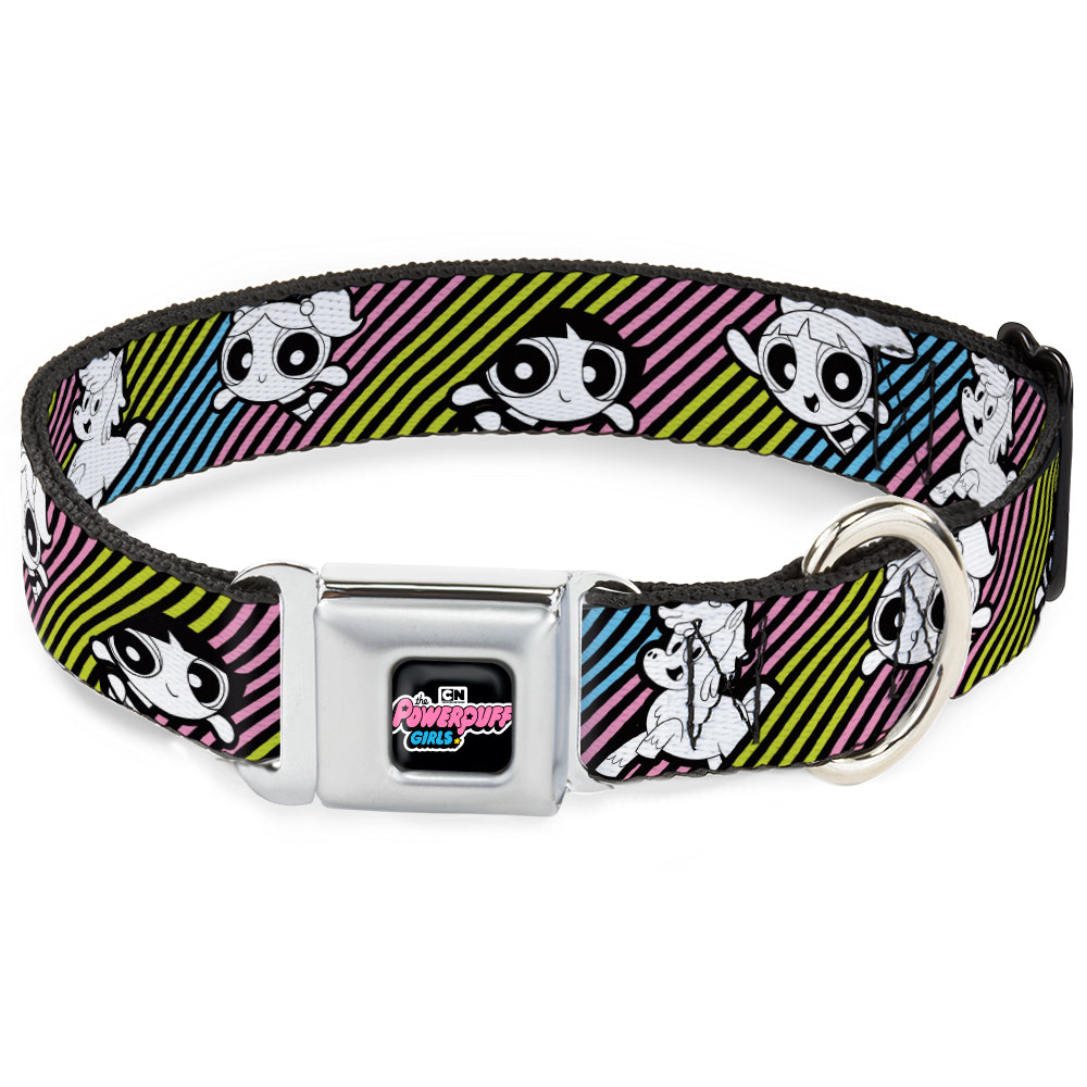 THE POWERPUFF GIRLS Animated Series Title Logo Full Color Black Seatbelt Buckle Collar - The Powerpuff Girls and Donny Stripe Black/Multi Pastel Seatbelt Buckle Collars Powerpuff Girls