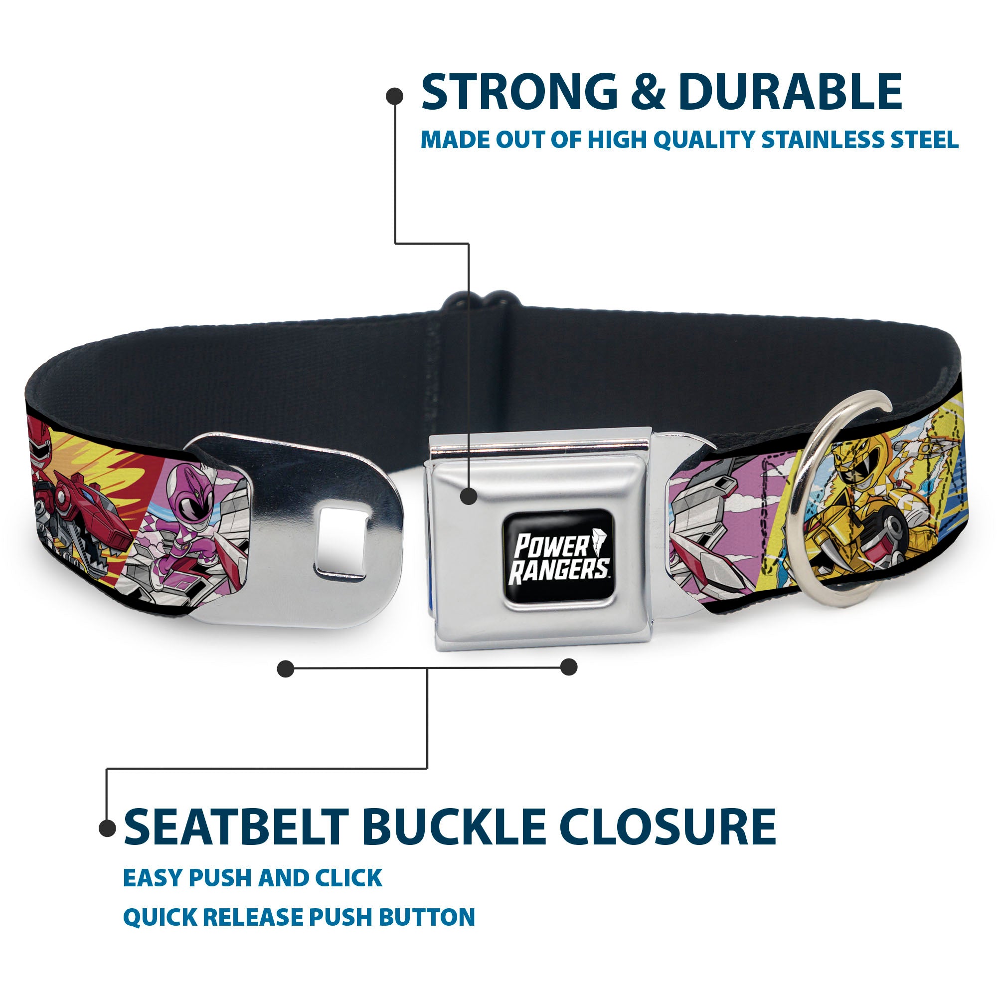 POWER RANGERS Title Logo Full Color Black/White Seatbelt Buckle Collar - Power Rangers and Zord Action Pose Blocks Seatbelt Buckle Collars Power Rangers