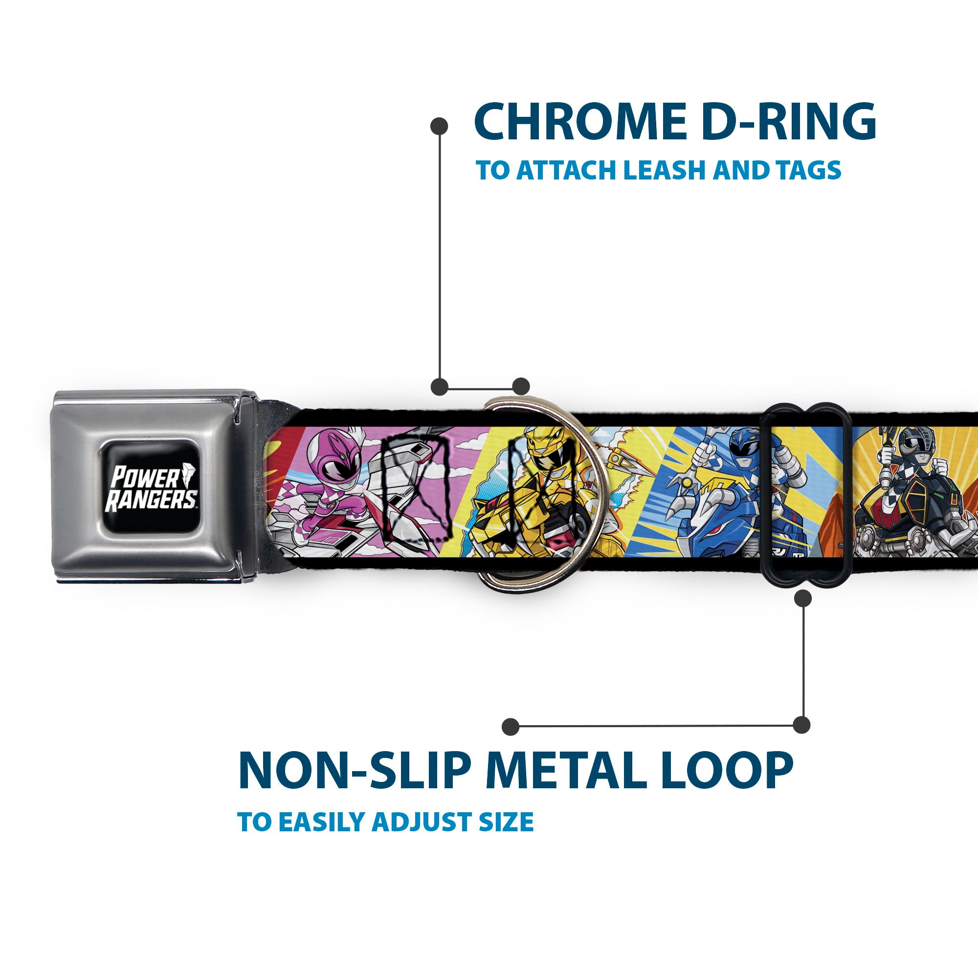 POWER RANGERS Title Logo Full Color Black/White Seatbelt Buckle Collar - Power Rangers and Zord Action Pose Blocks Seatbelt Buckle Collars Power Rangers