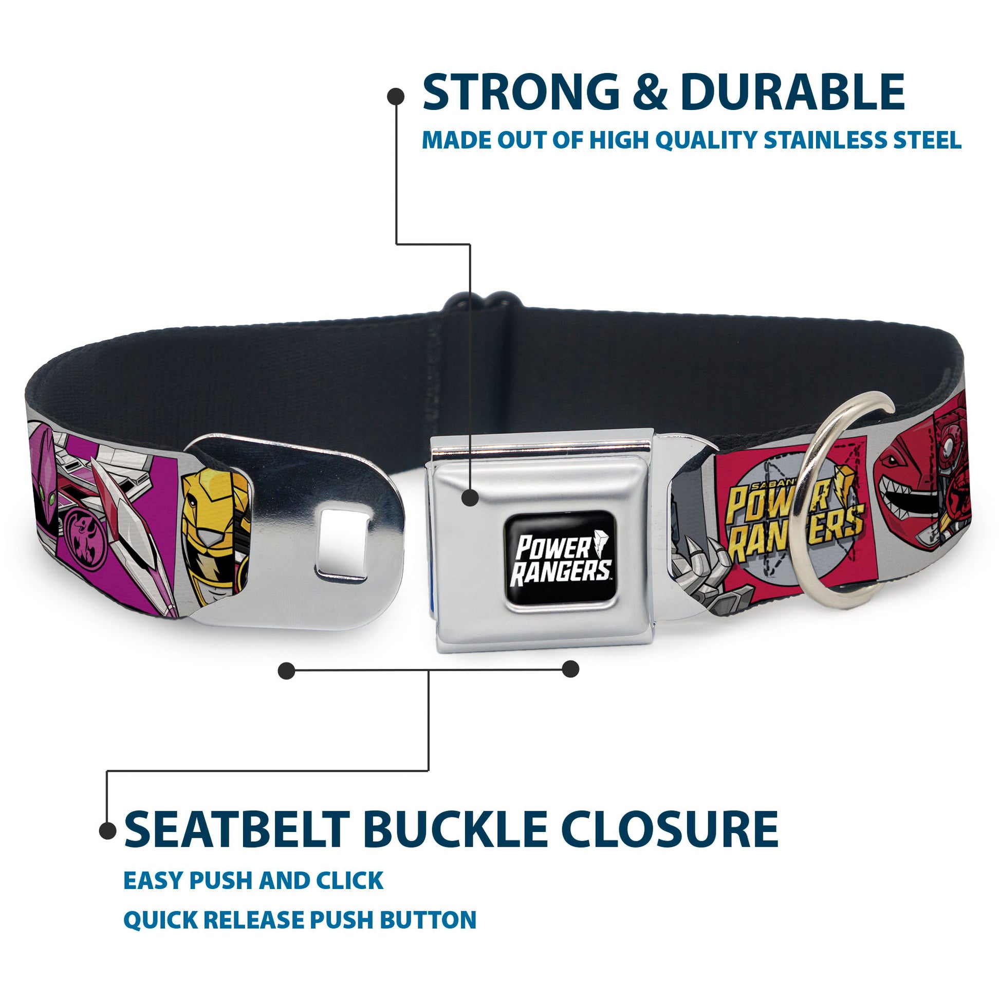 POWER RANGERS Title Logo Full Color Black/White Seatbelt Buckle Collar - SABAN'S POWER RANGERS Ranger Zord and Icon Blocks and Title Logo Seatbelt Buckle Collars Power Rangers
