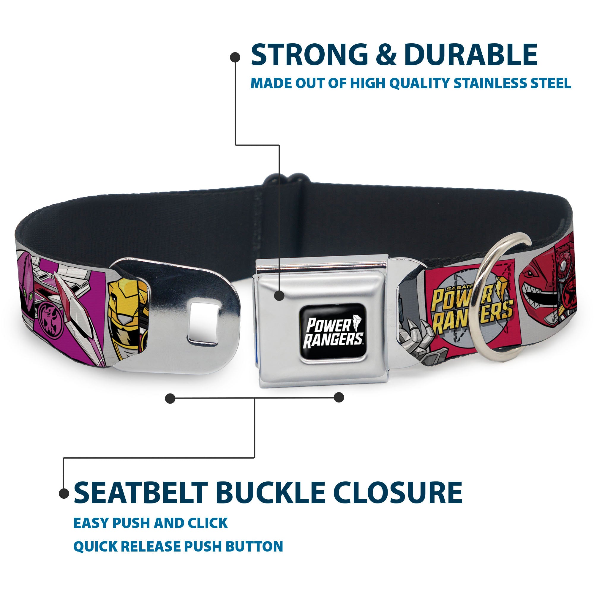 POWER RANGERS Title Logo Full Color Black/White Seatbelt Buckle Collar - SABAN'S POWER RANGERS Ranger Zord and Icon Blocks and Title Logo Seatbelt Buckle Collars Power Rangers