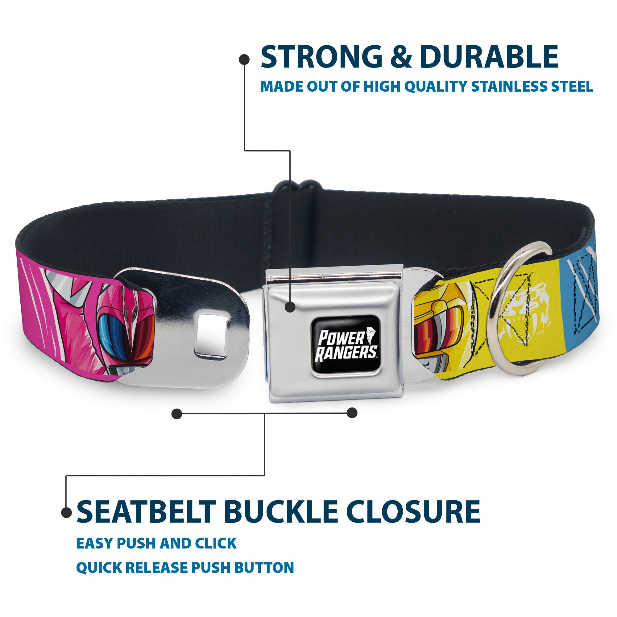 POWER RANGERS Title Logo Full Color Black/White Seatbelt Buckle Collar - Power Rangers Face and Power Icon Blocks Multi Color Seatbelt Buckle Collars Power Rangers