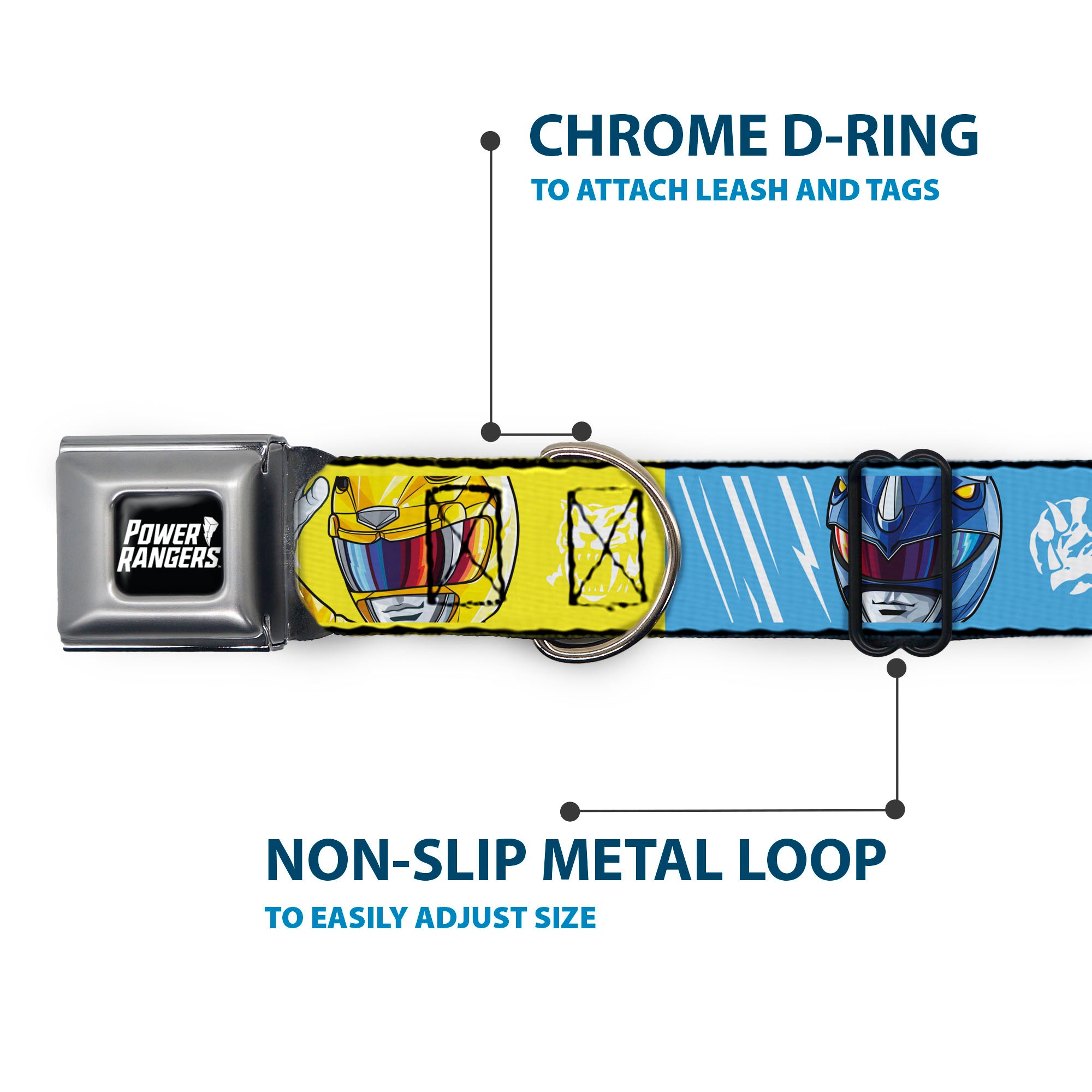POWER RANGERS Title Logo Full Color Black/White Seatbelt Buckle Collar - Power Rangers Face and Power Icon Blocks Multi Color Seatbelt Buckle Collars Power Rangers