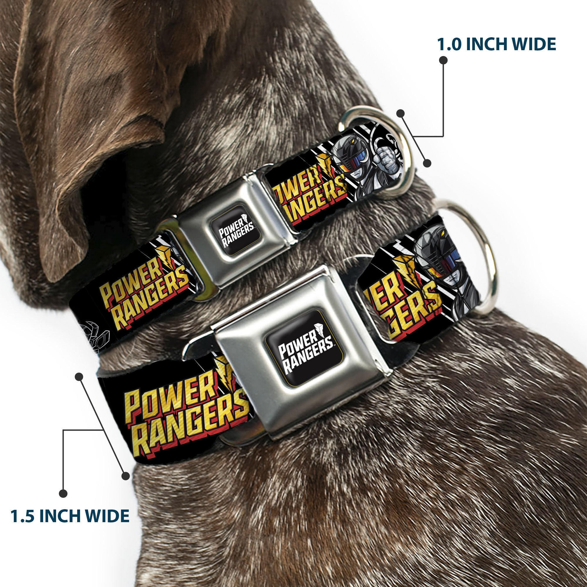 POWER RANGERS Title Logo Full Color Black/White Seatbelt Buckle Collar - POWER RANGERS Black Ranger Mastadon Pose and Coin Icon Black Seatbelt Buckle Collars Power Rangers