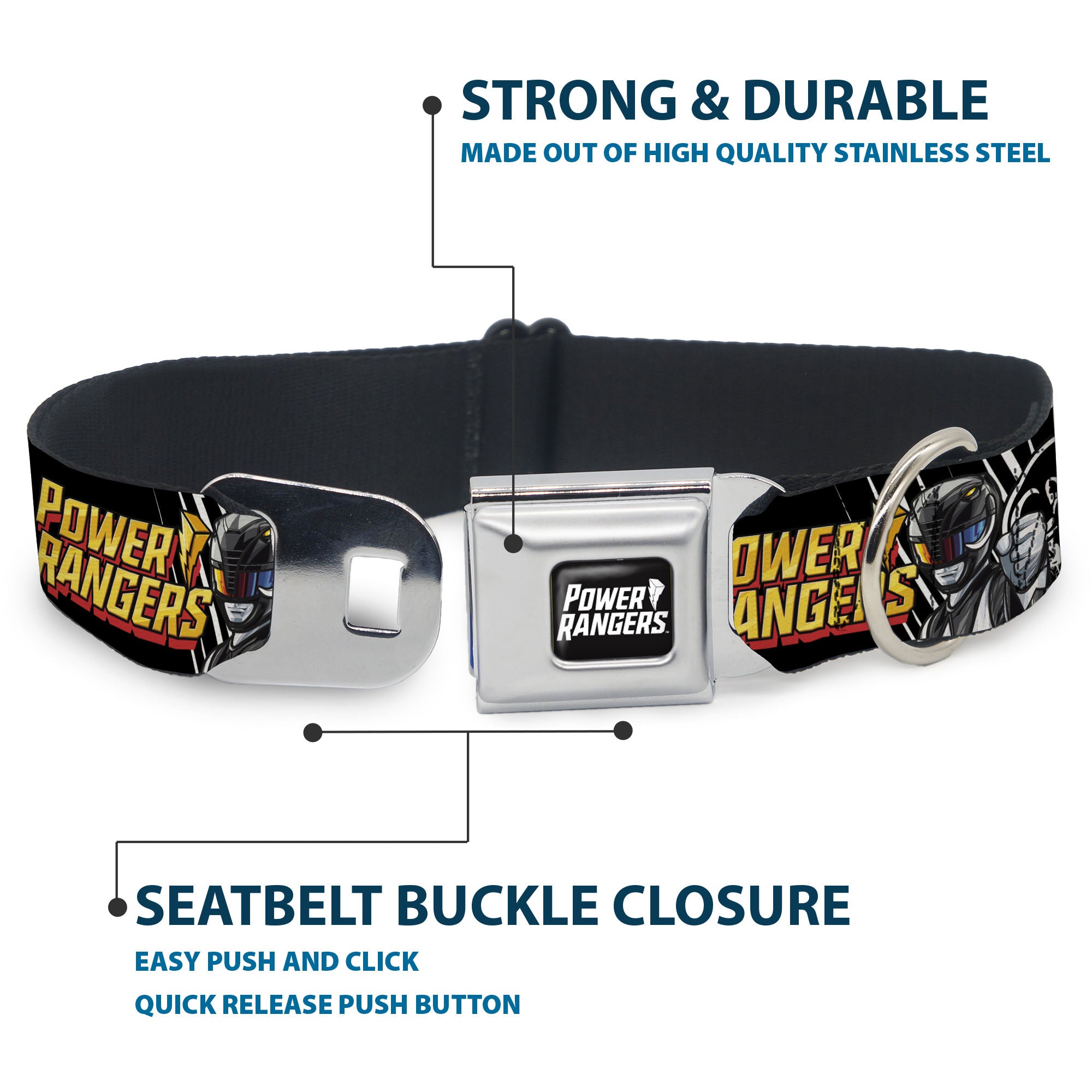 POWER RANGERS Title Logo Full Color Black/White Seatbelt Buckle Collar - POWER RANGERS Black Ranger Mastadon Pose and Coin Icon Black Seatbelt Buckle Collars Power Rangers