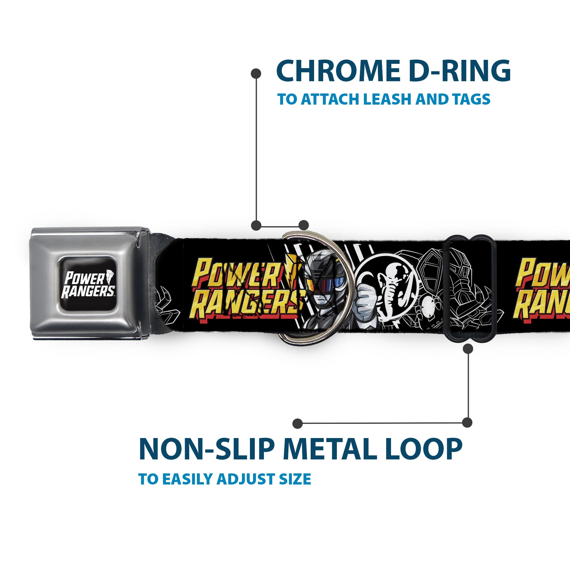 POWER RANGERS Title Logo Full Color Black/White Seatbelt Buckle Collar - POWER RANGERS Black Ranger Mastadon Pose and Coin Icon Black Seatbelt Buckle Collars Power Rangers