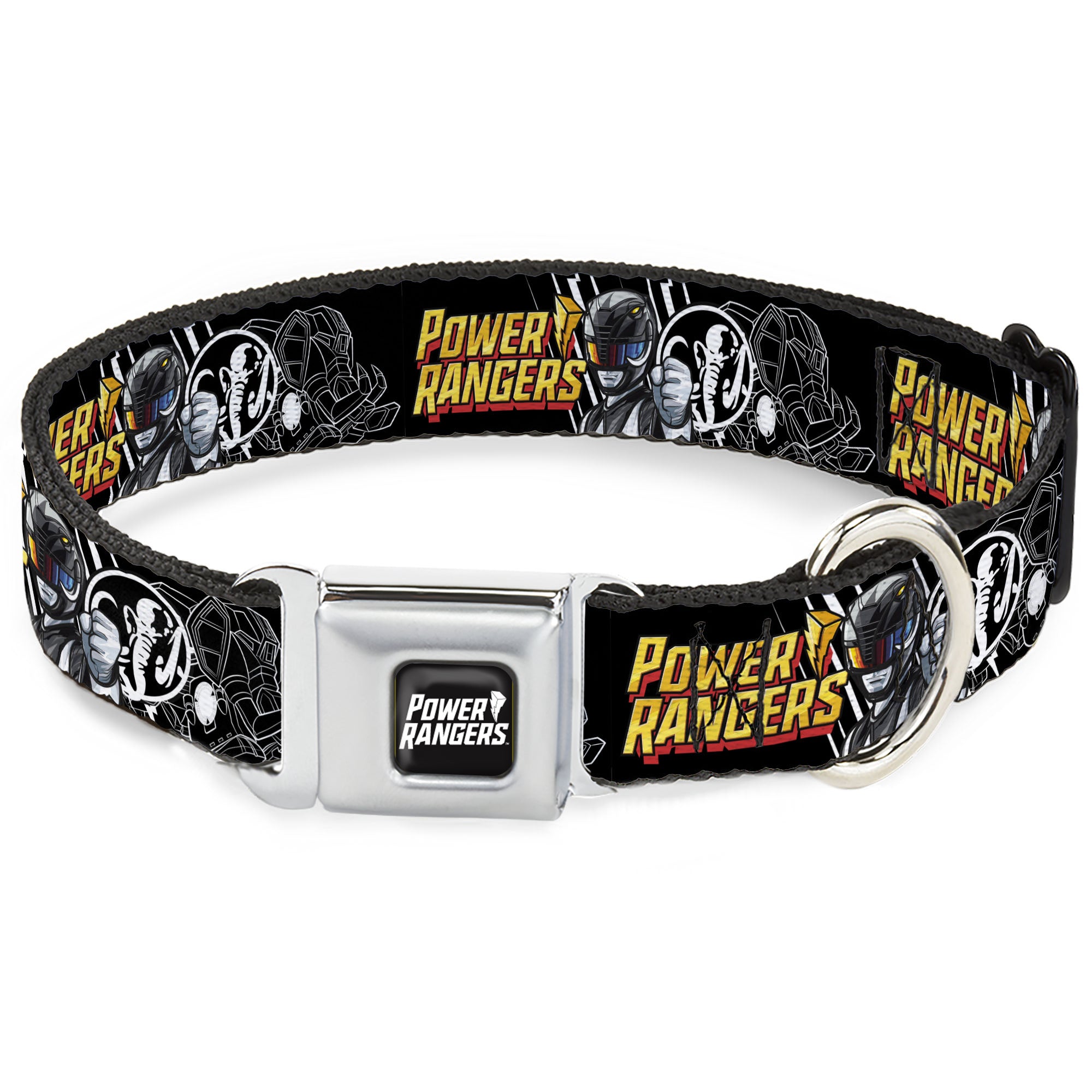 POWER RANGERS Title Logo Full Color Black/White Seatbelt Buckle Collar - POWER RANGERS Black Ranger Mastadon Pose and Coin Icon Black Seatbelt Buckle Collars Power Rangers