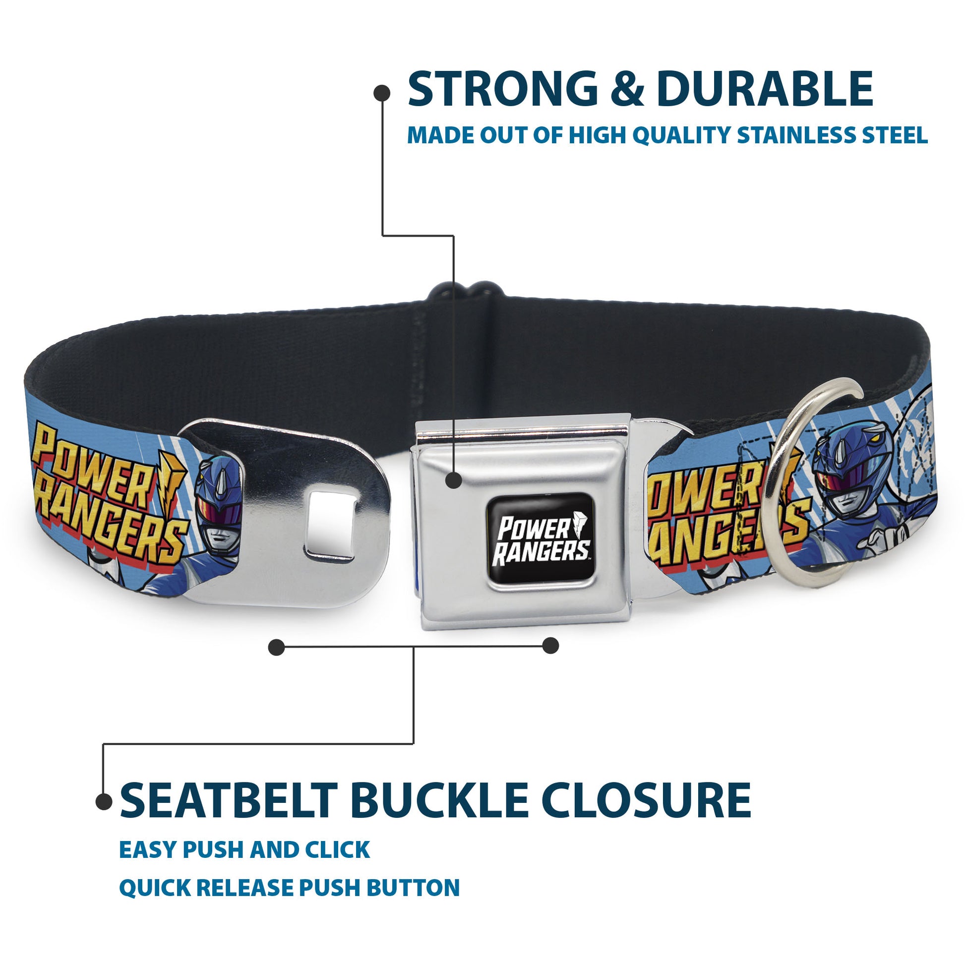 POWER RANGERS Title Logo Full Color Black/White Seatbelt Buckle Collar - POWER RANGERS Blue Ranger Triceratops Pose and Coin Icon Light Blue Seatbelt Buckle Collars Power Rangers