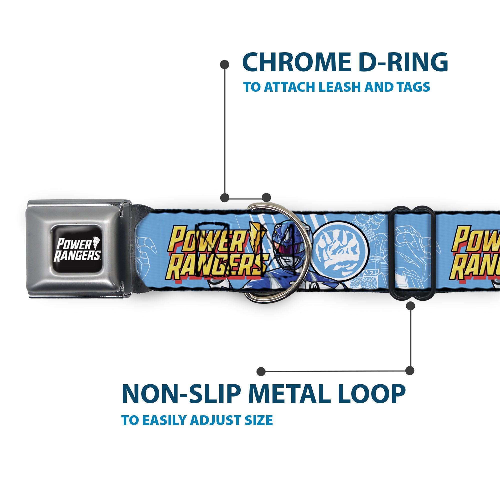 POWER RANGERS Title Logo Full Color Black/White Seatbelt Buckle Collar - POWER RANGERS Blue Ranger Triceratops Pose and Coin Icon Light Blue Seatbelt Buckle Collars Power Rangers