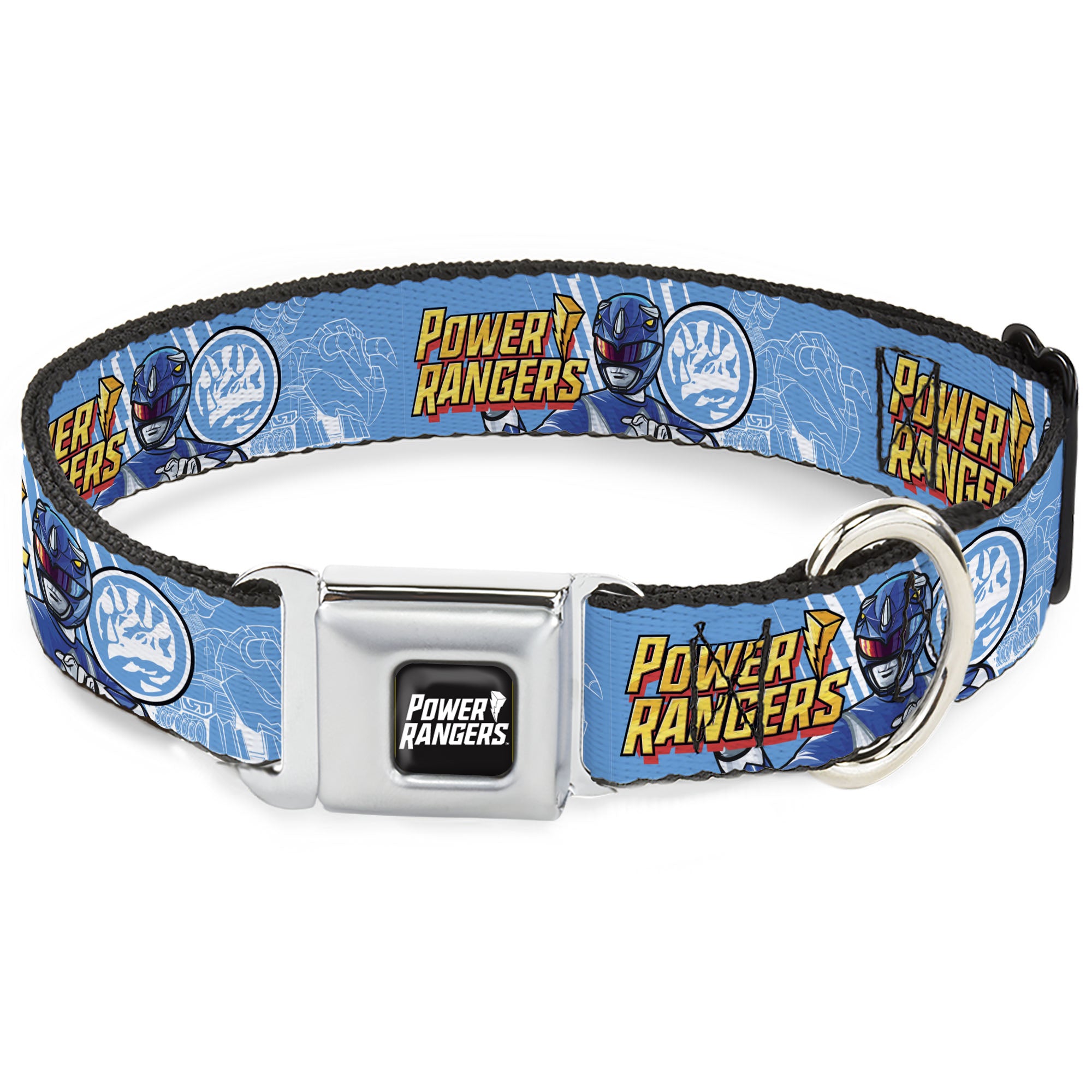 POWER RANGERS Title Logo Full Color Black/White Seatbelt Buckle Collar - POWER RANGERS Blue Ranger Triceratops Pose and Coin Icon Light Blue Seatbelt Buckle Collars Power Rangers