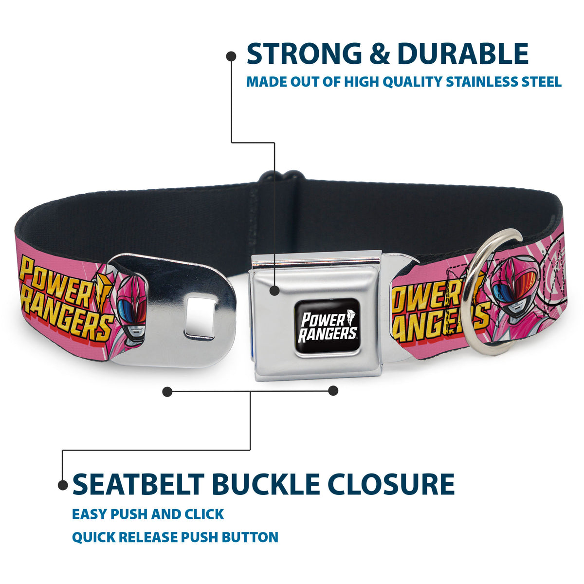 POWER RANGERS Title Logo Full Color Black/White Seatbelt Buckle Collar - POWER RANGERS Pink Ranger Pterodactyl Pose and Coin Icon Pink Dog Collars Seatbelt Buckle Power Rangers