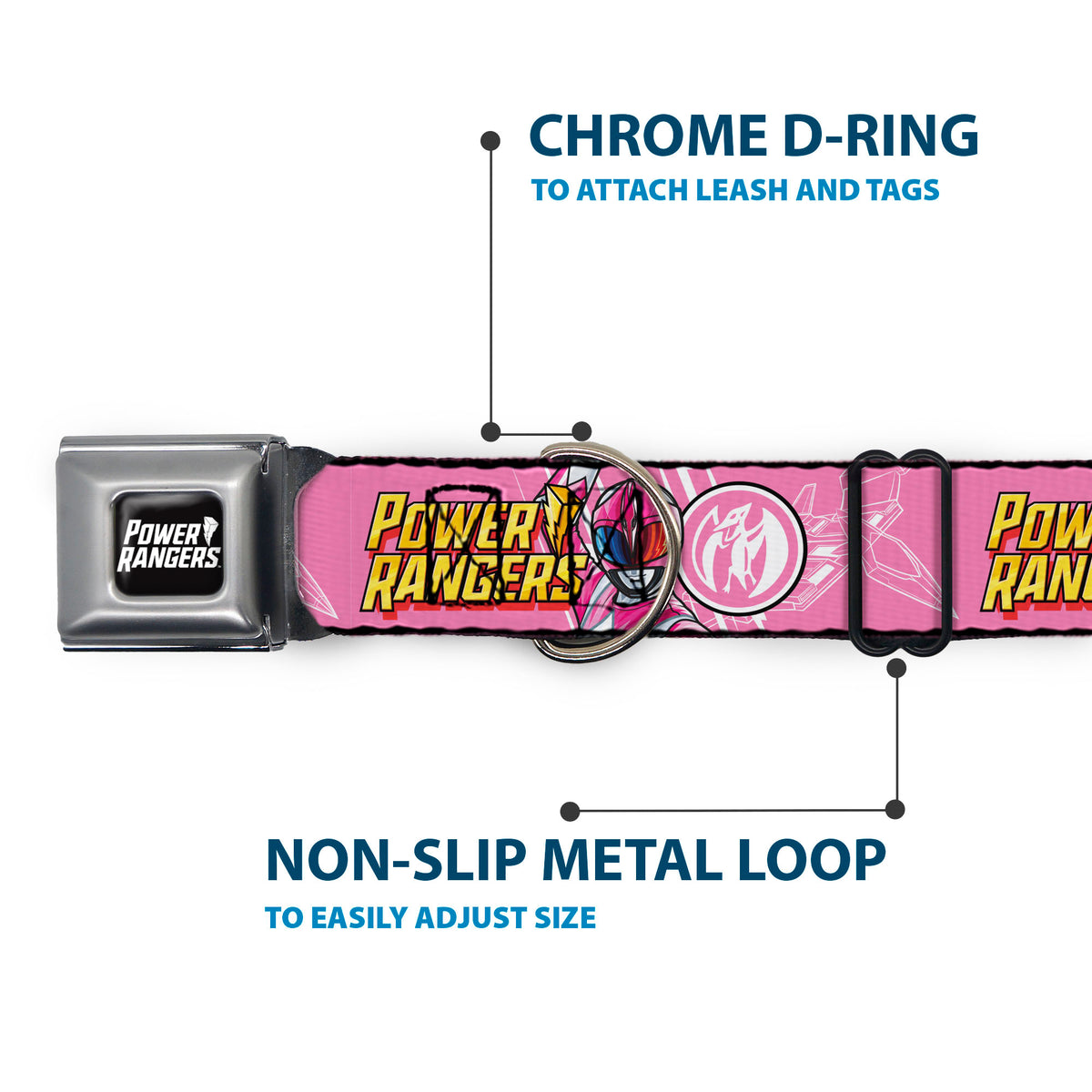 POWER RANGERS Title Logo Full Color Black/White Seatbelt Buckle Collar - POWER RANGERS Pink Ranger Pterodactyl Pose and Coin Icon Pink Dog Collars Seatbelt Buckle Power Rangers