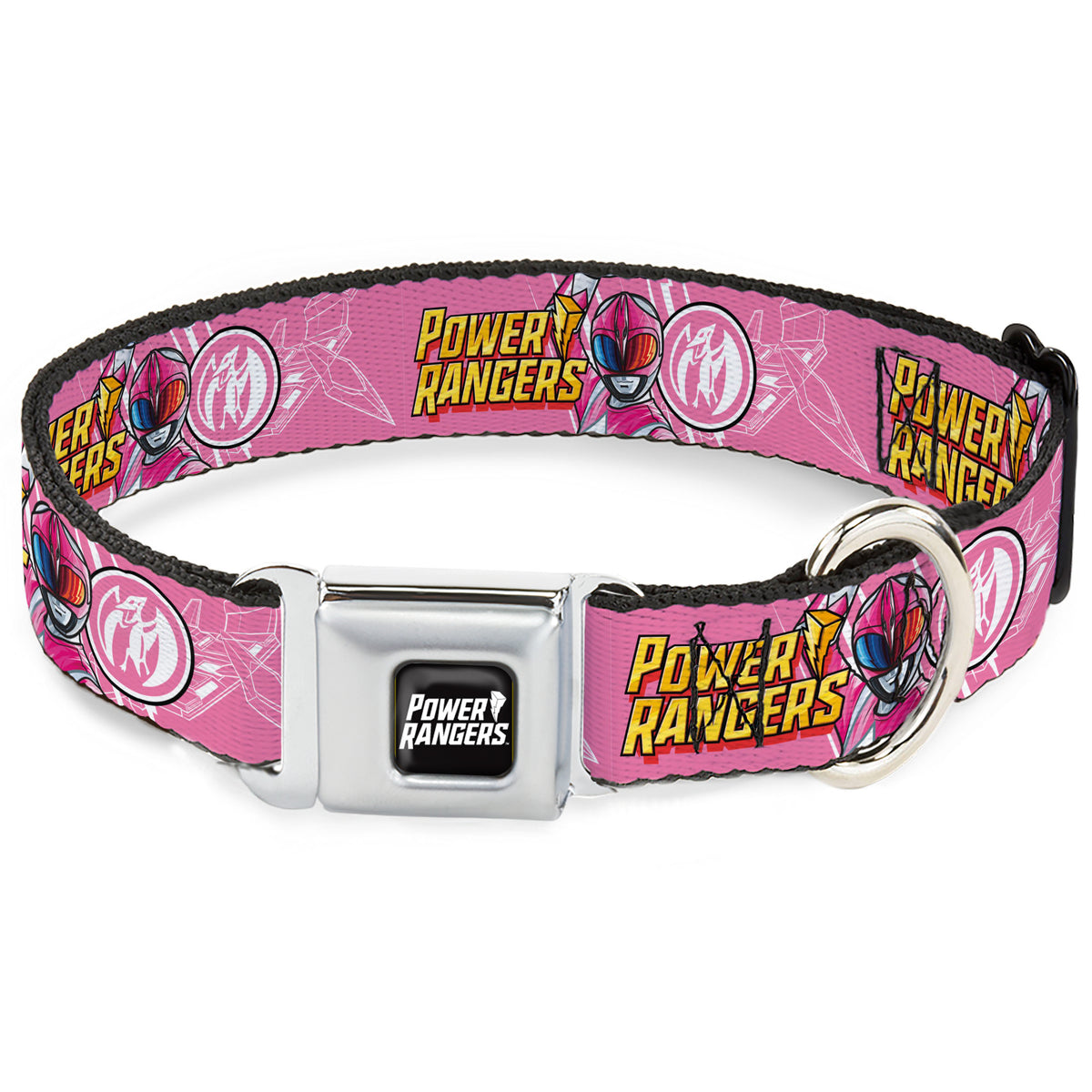 POWER RANGERS Title Logo Full Color Black/White Seatbelt Buckle Collar - POWER RANGERS Pink Ranger Pterodactyl Pose and Coin Icon Pink Dog Collars Seatbelt Buckle Power Rangers