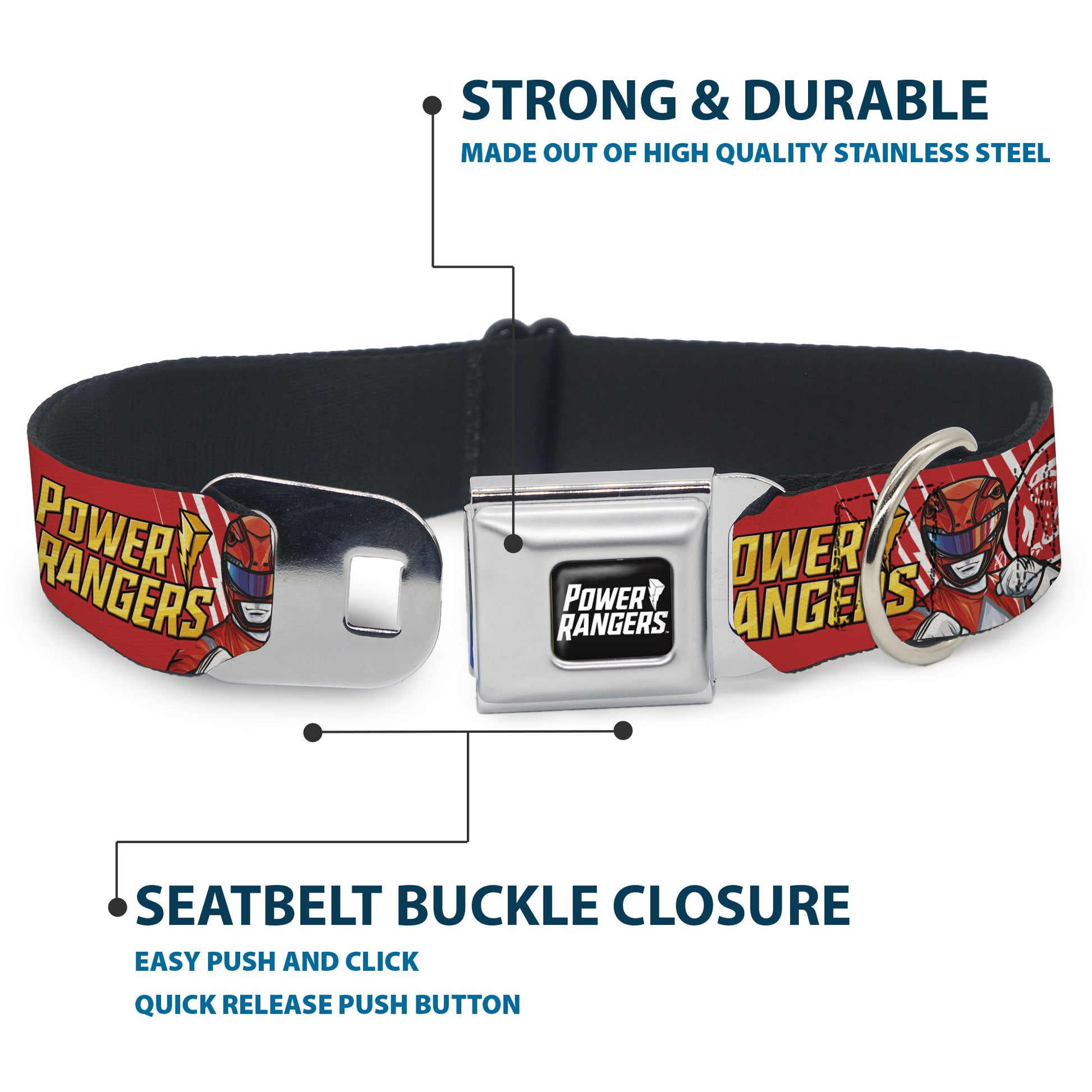 POWER RANGERS Title Logo Full Color Black/White Seatbelt Buckle Collar - POWER RANGERS Red Ranger Tyrannosaurus Rex Pose and Coin Icon Red Seatbelt Buckle Collars Power Rangers