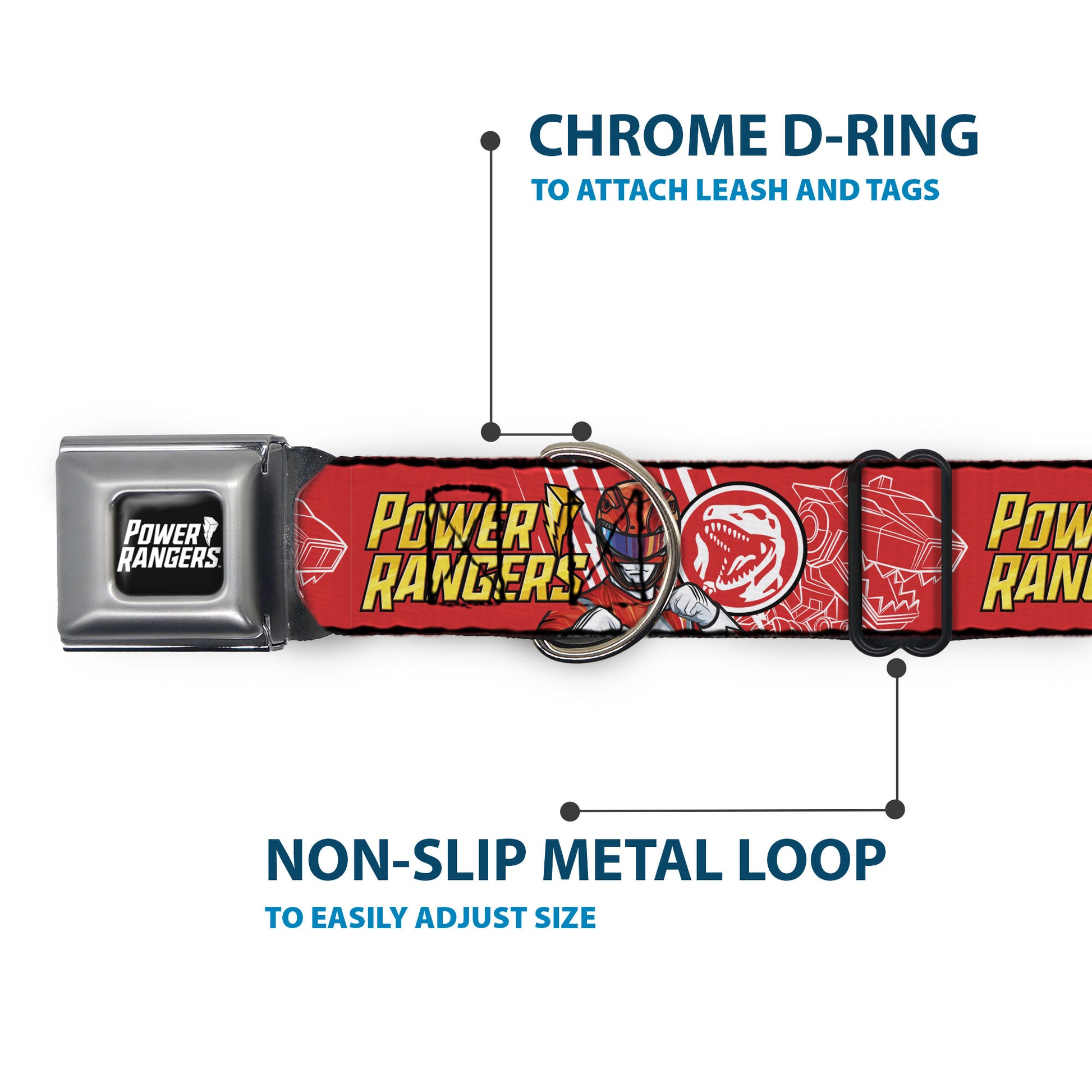 POWER RANGERS Title Logo Full Color Black/White Seatbelt Buckle Collar - POWER RANGERS Red Ranger Tyrannosaurus Rex Pose and Coin Icon Red Seatbelt Buckle Collars Power Rangers