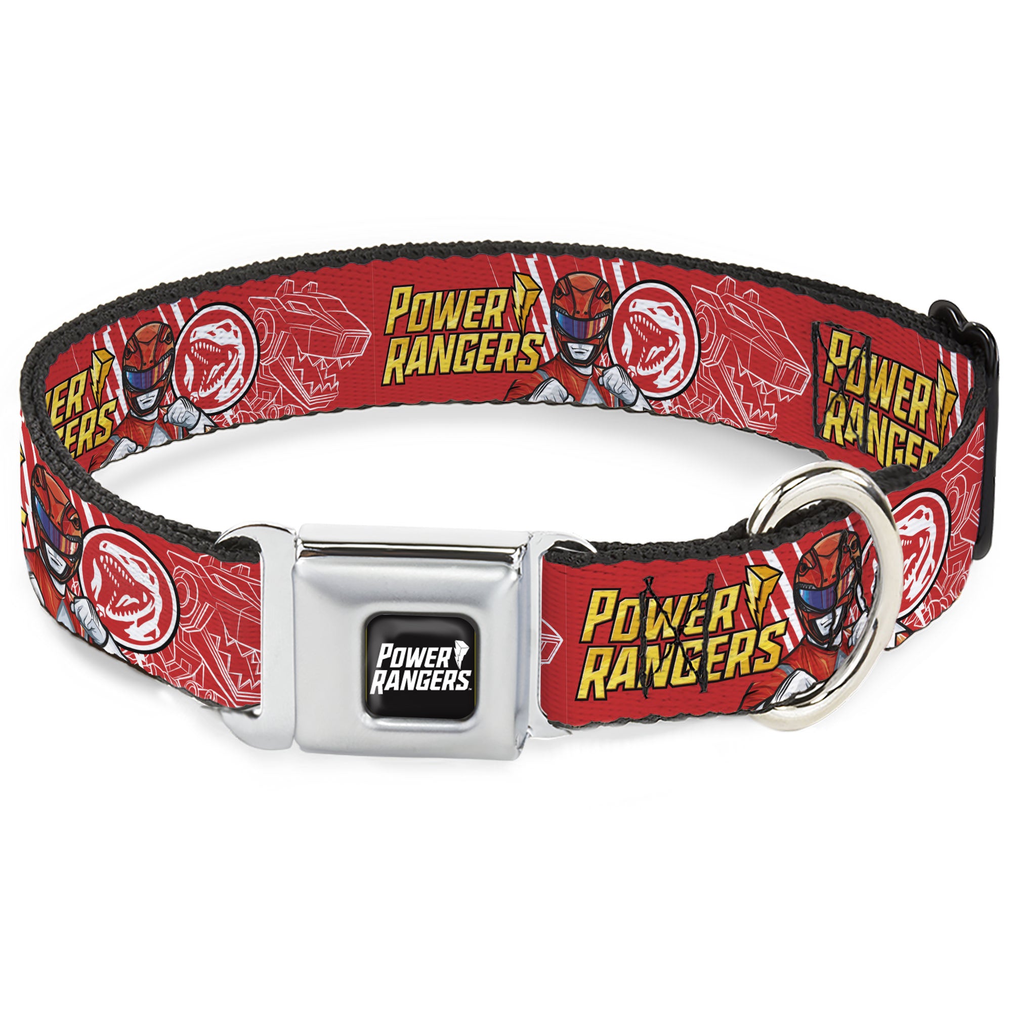 POWER RANGERS Title Logo Full Color Black/White Seatbelt Buckle Collar - POWER RANGERS Red Ranger Tyrannosaurus Rex Pose and Coin Icon Red Seatbelt Buckle Collars Power Rangers