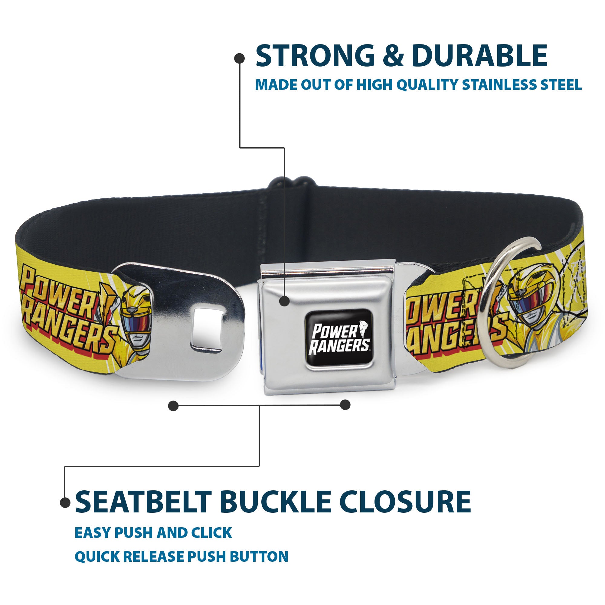 POWER RANGERS Title Logo Full Color Black/White Seatbelt Buckle Collar - POWER RANGERS Yellow Ranger Sabertooth Tiger Pose and Coin Icon Yellow Seatbelt Buckle Collars Power Rangers
