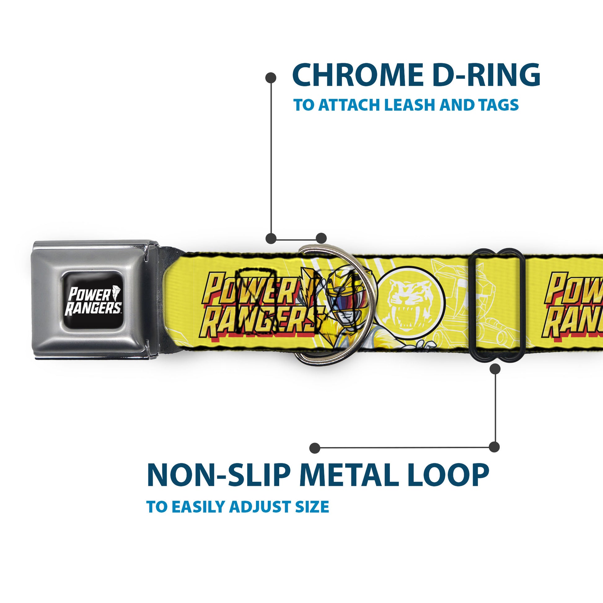POWER RANGERS Title Logo Full Color Black/White Seatbelt Buckle Collar - POWER RANGERS Yellow Ranger Sabertooth Tiger Pose and Coin Icon Yellow Seatbelt Buckle Collars Power Rangers