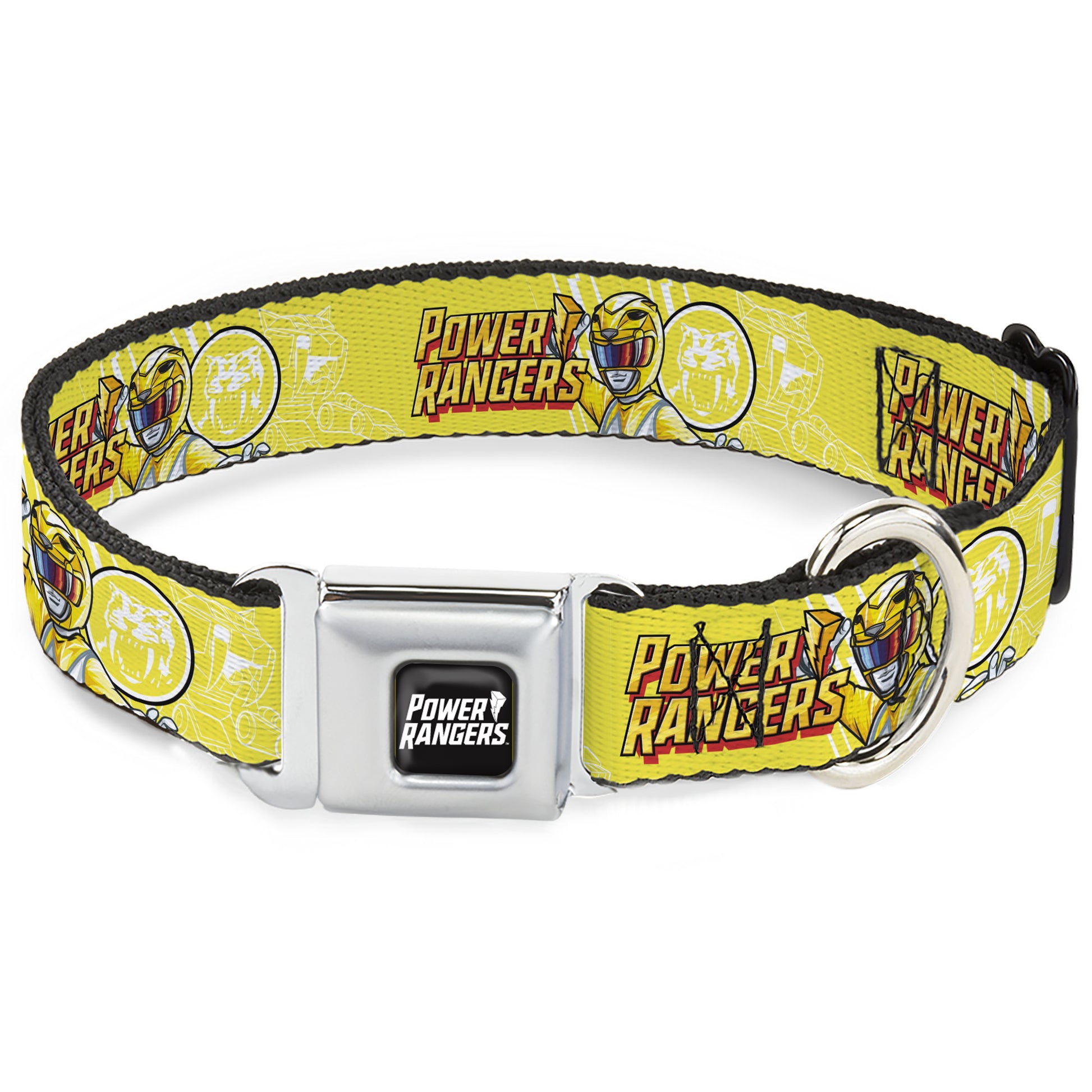 POWER RANGERS Title Logo Full Color Black/White Seatbelt Buckle Collar - POWER RANGERS Yellow Ranger Sabertooth Tiger Pose and Coin Icon Yellow Seatbelt Buckle Collars Power Rangers