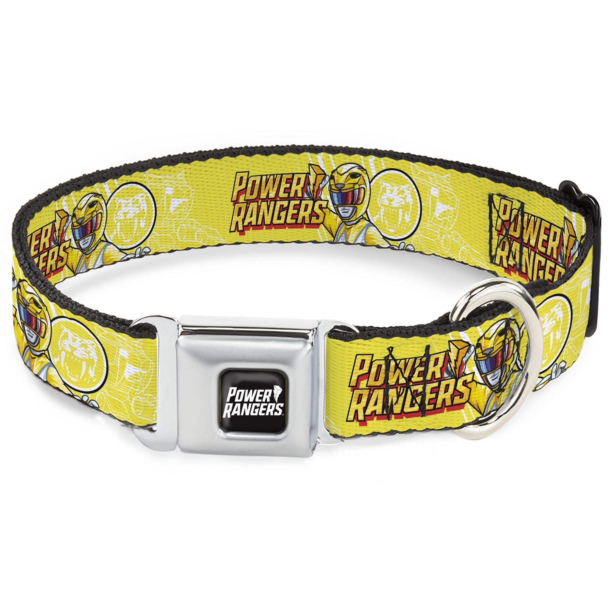POWER RANGERS Title Logo Full Color Black/White Seatbelt Buckle Collar - POWER RANGERS Yellow Ranger Sabertooth Tiger Pose and Coin Icon Yellow Seatbelt Buckle Collars Power Rangers