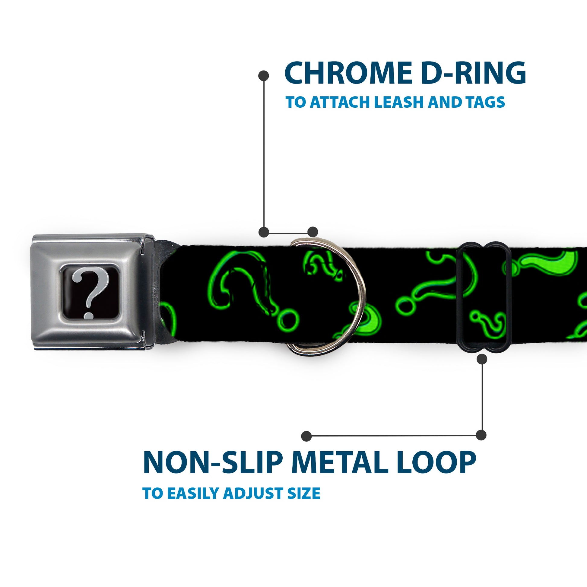 Riddler "?" Black/Silver Seatbelt Buckle Collar - Question Mark Scattere2 Black/Neon Green Seatbelt Buckle Collars DC Comics