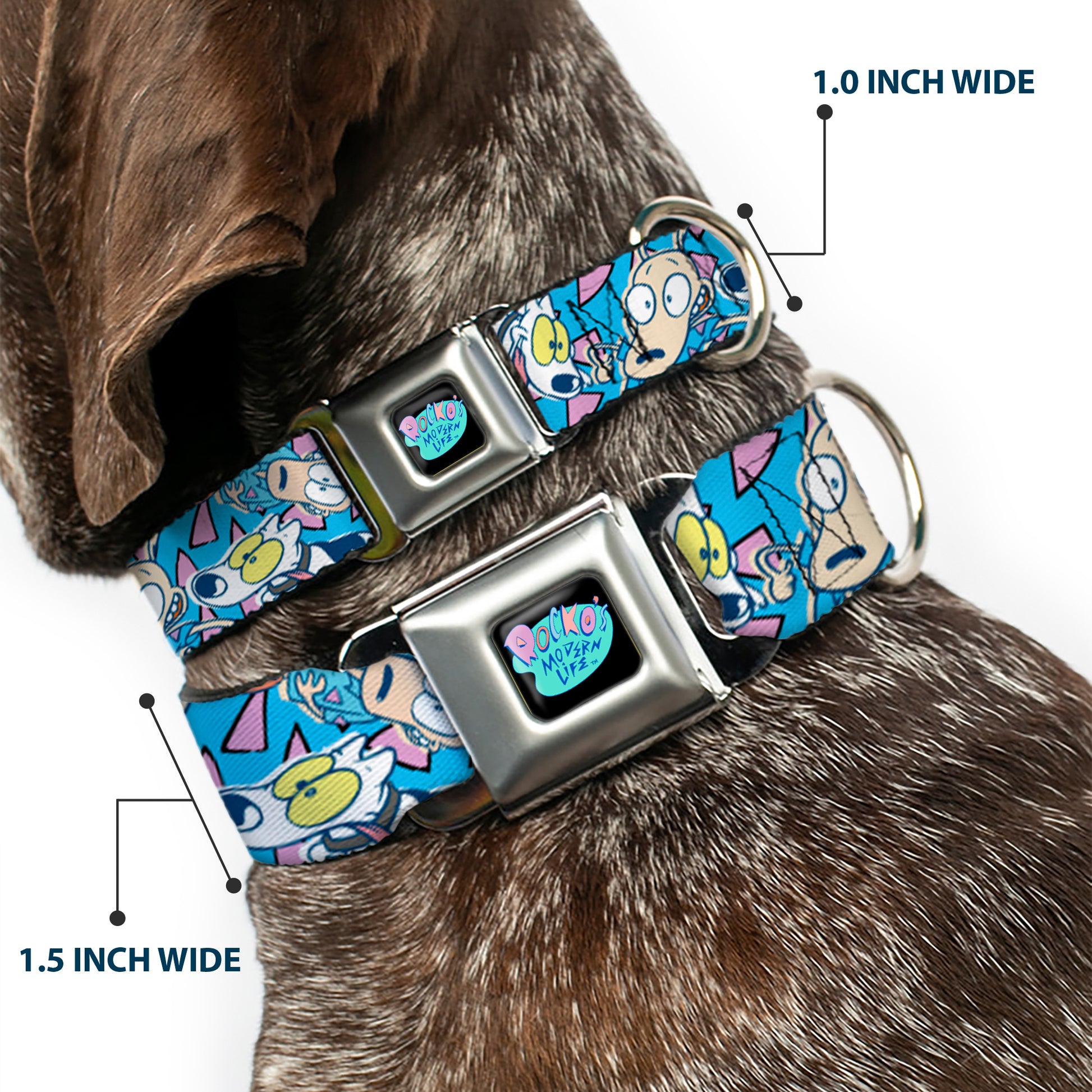 ROCKO'S MODERN LIFE Logo Full Color Black/Blues Seatbelt Buckle Collar - Rocko & Spunky Scattered Expressions/Triangles Blue/Lavender Seatbelt Buckle Collars Ren and Stimpy