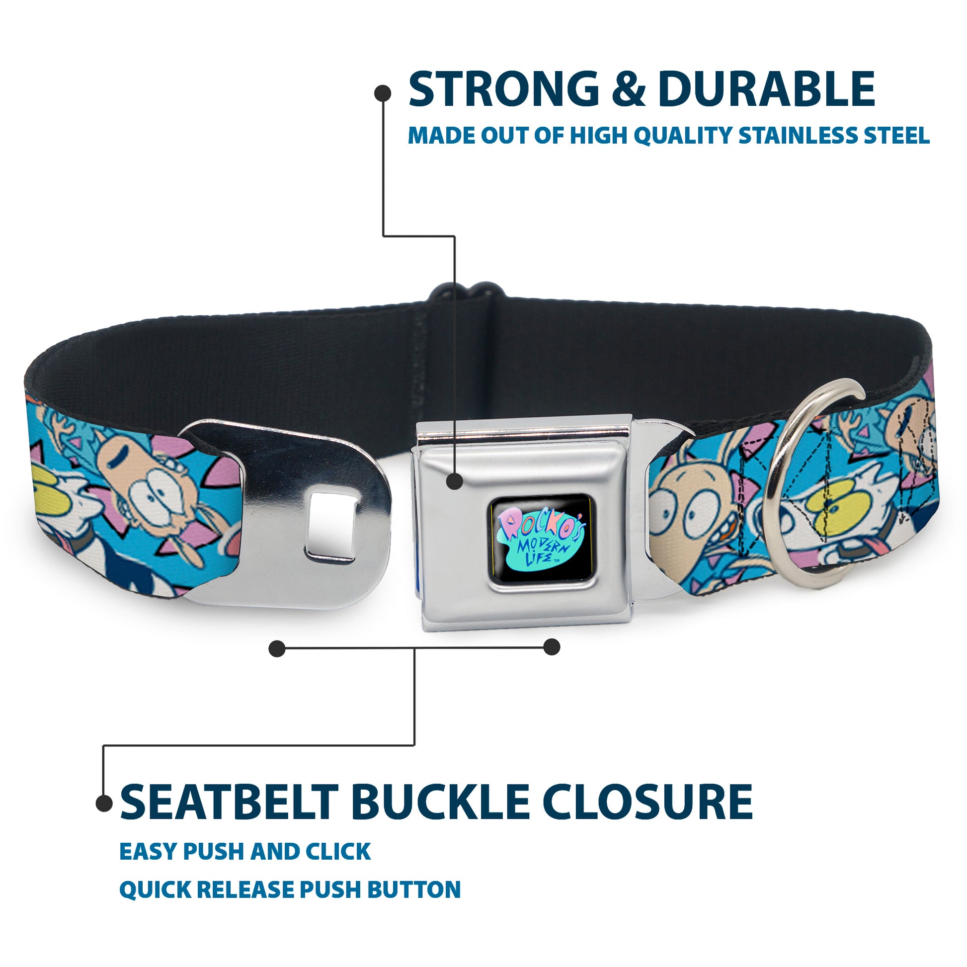 ROCKO'S MODERN LIFE Logo Full Color Black/Blues Seatbelt Buckle Collar - Rocko & Spunky Scattered Expressions/Triangles Blue/Lavender Seatbelt Buckle Collars Ren and Stimpy