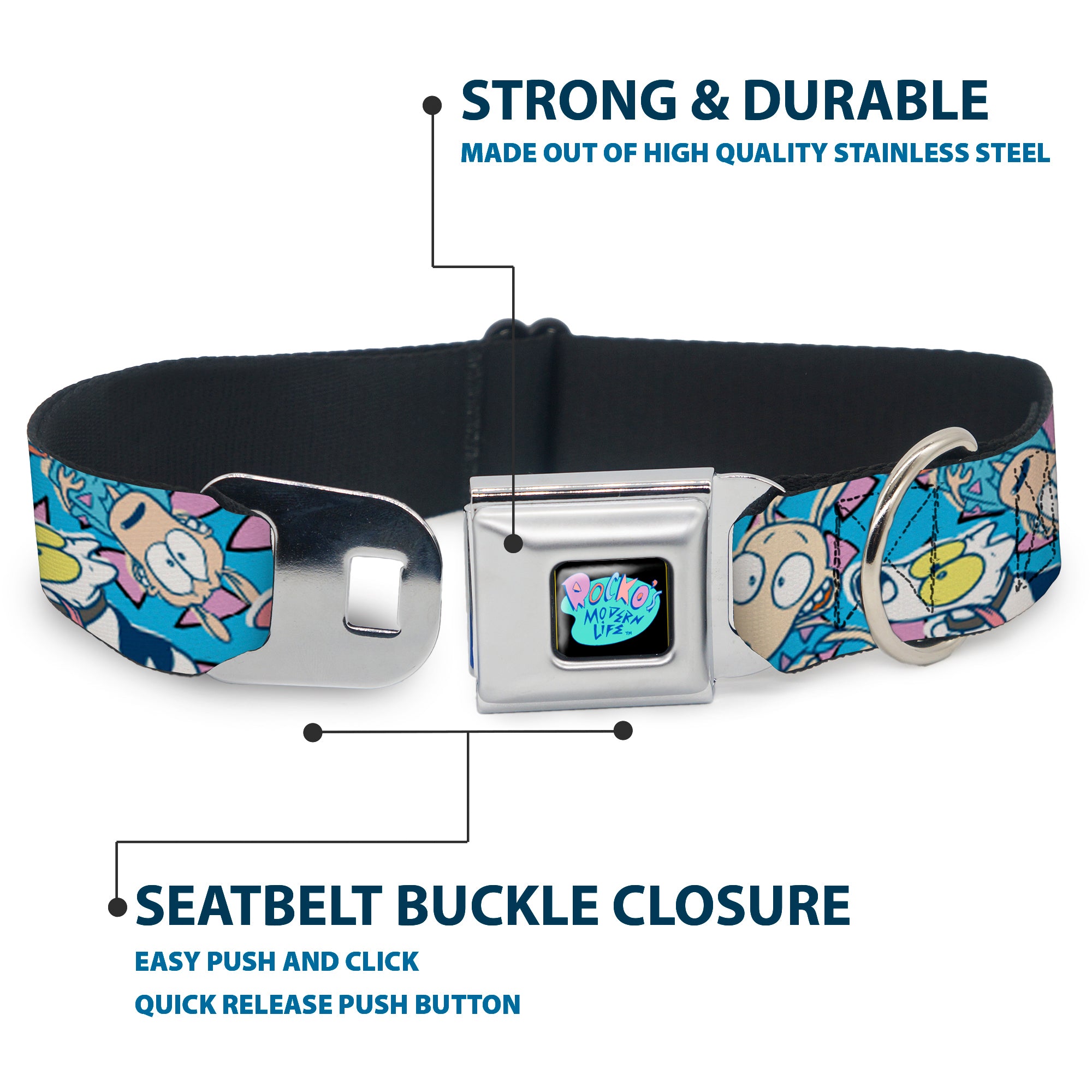 ROCKO'S MODERN LIFE Logo Full Color Black/Blues Seatbelt Buckle Collar - Rocko & Spunky Scattered Expressions/Triangles Blue/Lavender Seatbelt Buckle Collars Ren and Stimpy