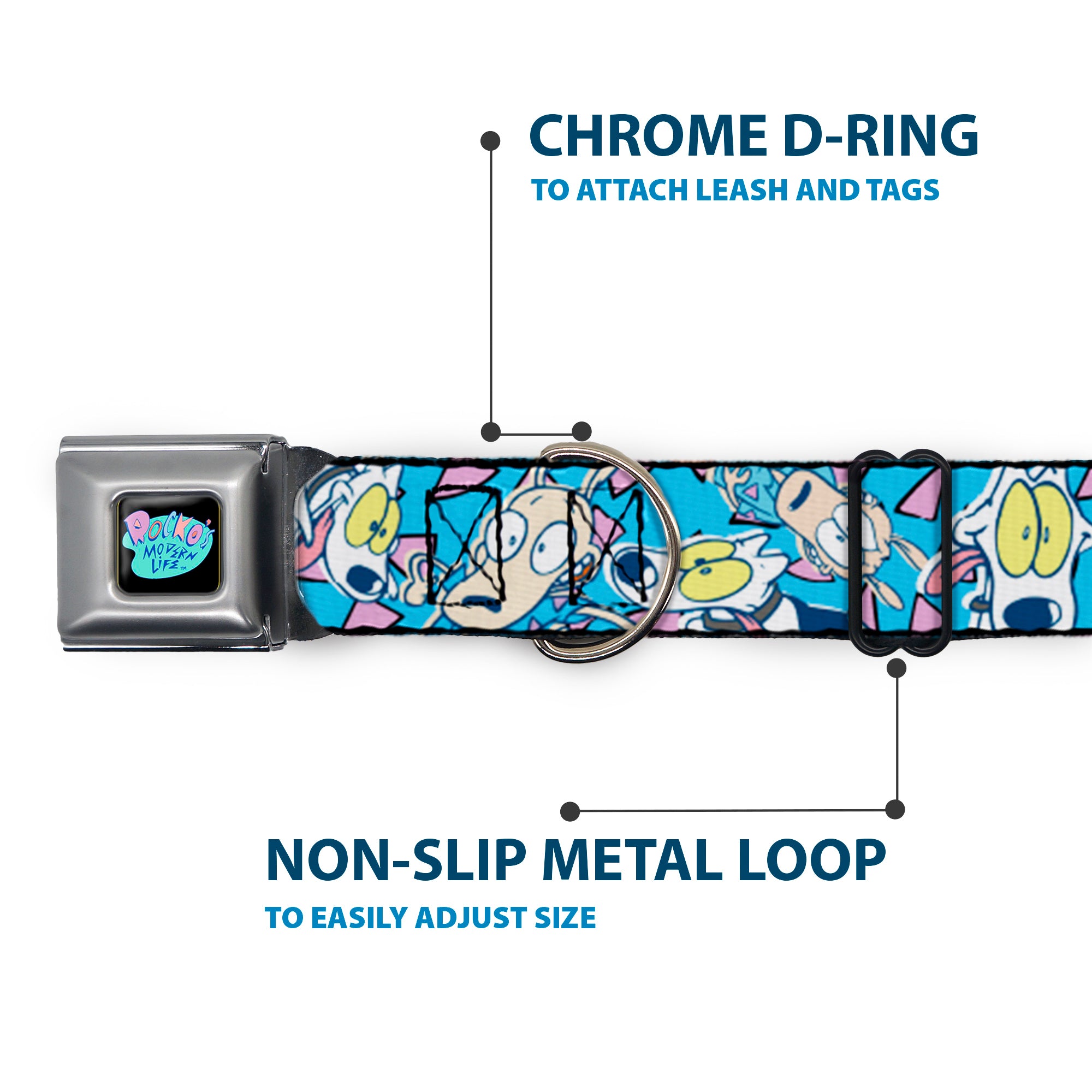 ROCKO'S MODERN LIFE Logo Full Color Black/Blues Seatbelt Buckle Collar - Rocko & Spunky Scattered Expressions/Triangles Blue/Lavender Seatbelt Buckle Collars Ren and Stimpy