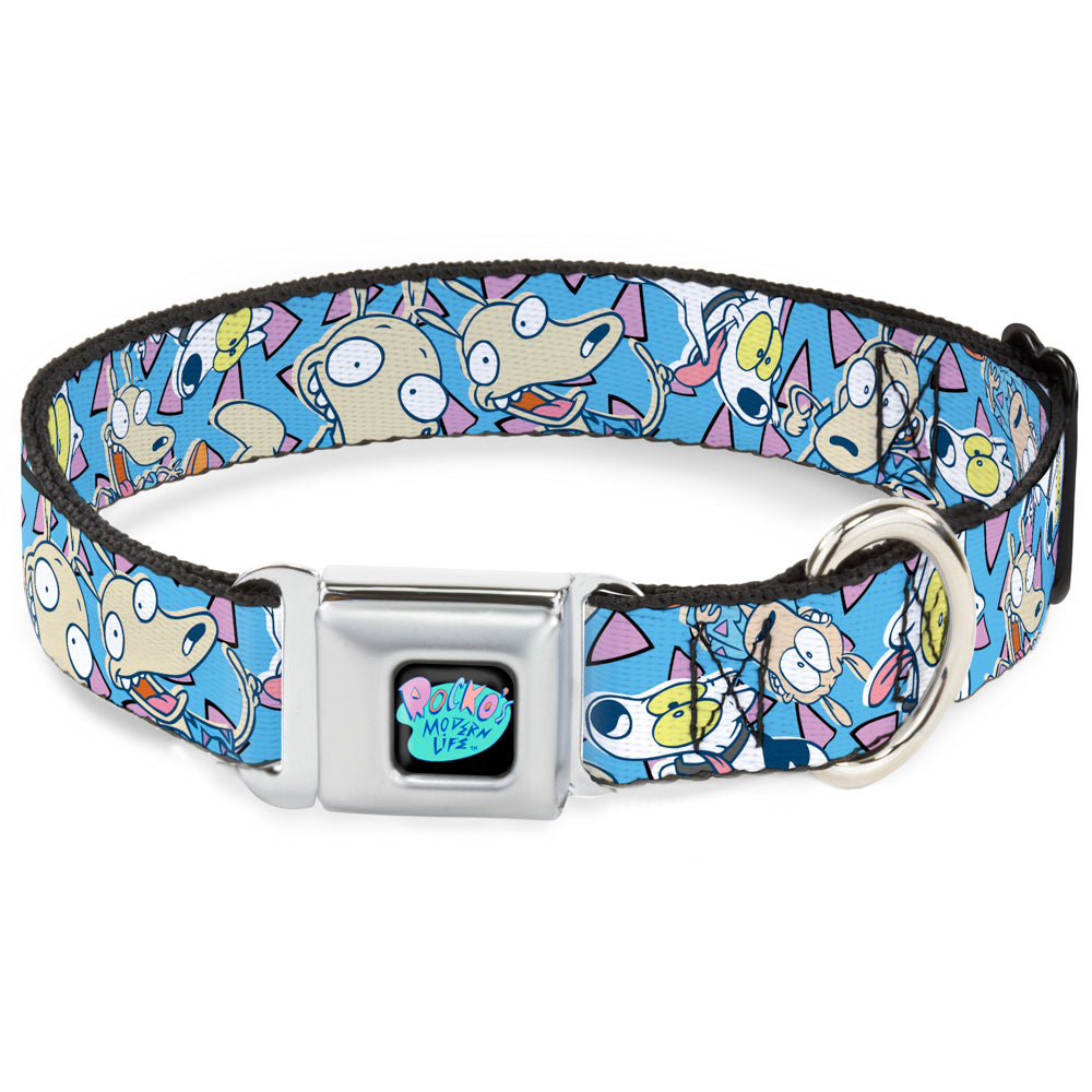 ROCKO'S MODERN LIFE Logo Full Color Black/Blues Seatbelt Buckle Collar - Rocko & Spunky Scattered Expressions/Triangles Blue/Lavender Seatbelt Buckle Collars Ren and Stimpy