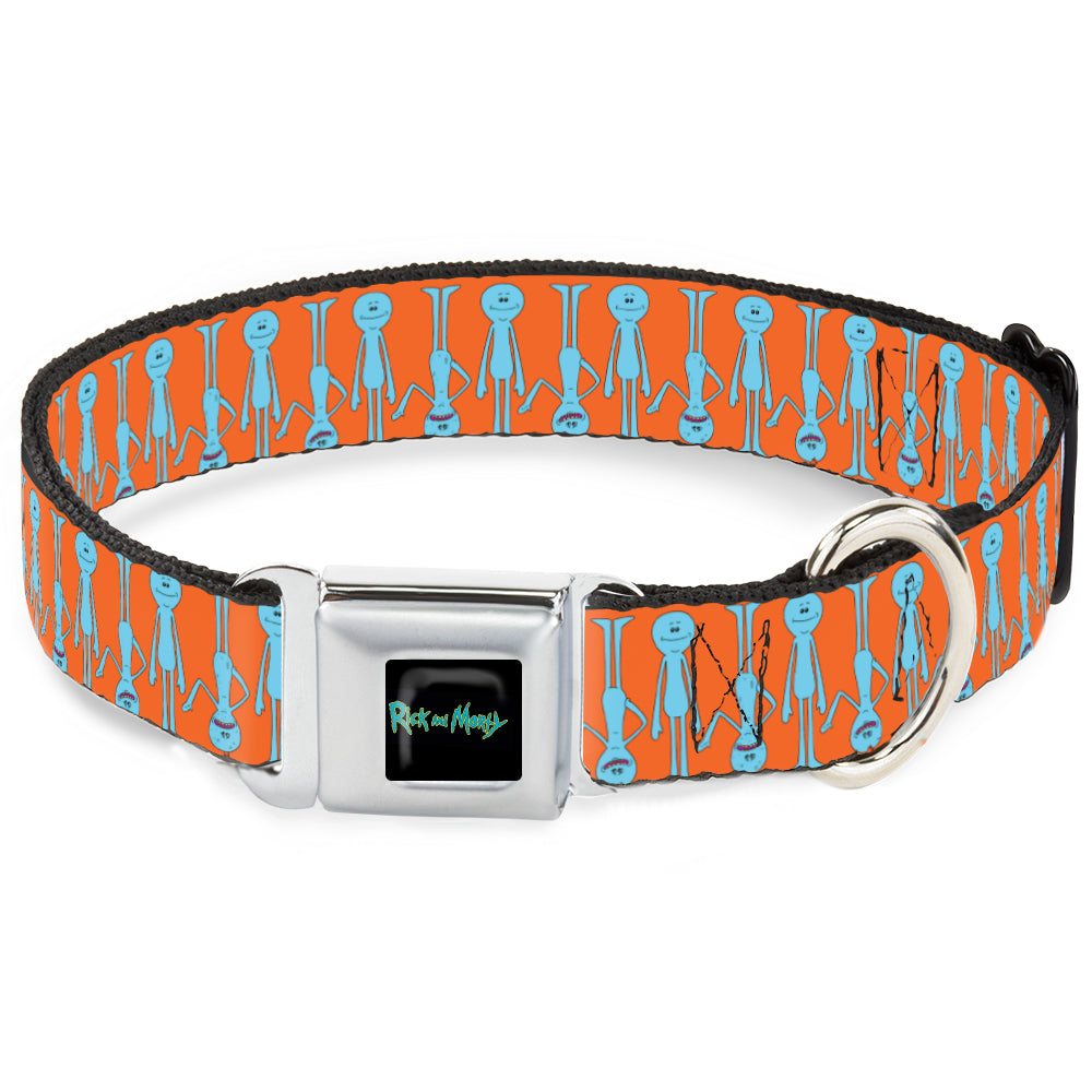 RICK AND MORTY Text Logo Full Color Black/Blue Seatbelt Buckle Collar - Mr. Meeseeks Poses Flip Orange Seatbelt Buckle Collars Rick and Morty