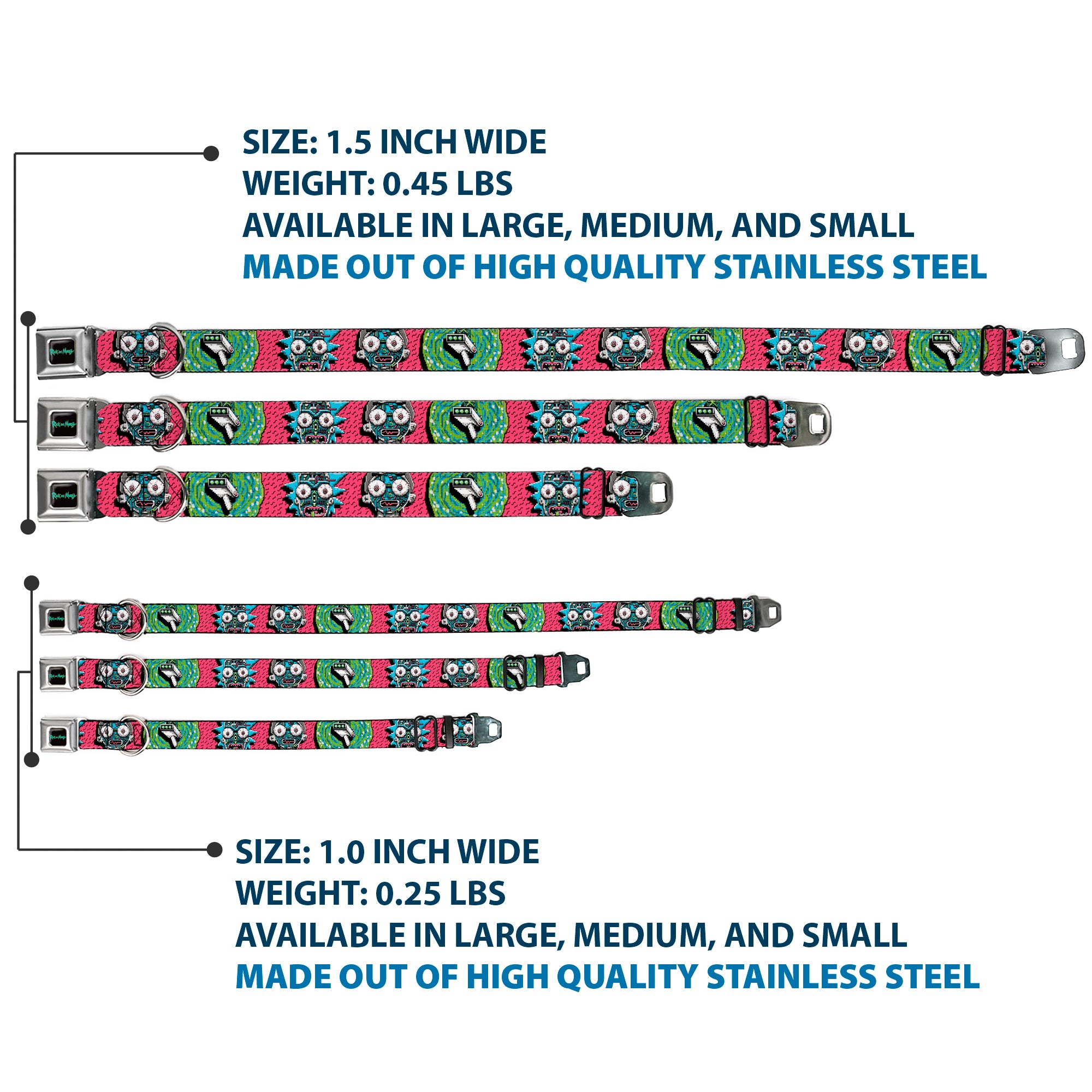 RICK AND MORTY Text Logo Full Color Black/Blue Seatbelt Buckle Collar - Rick and Morty Circuit Faces/Portal Gun Pink Seatbelt Buckle Collars Rick and Morty