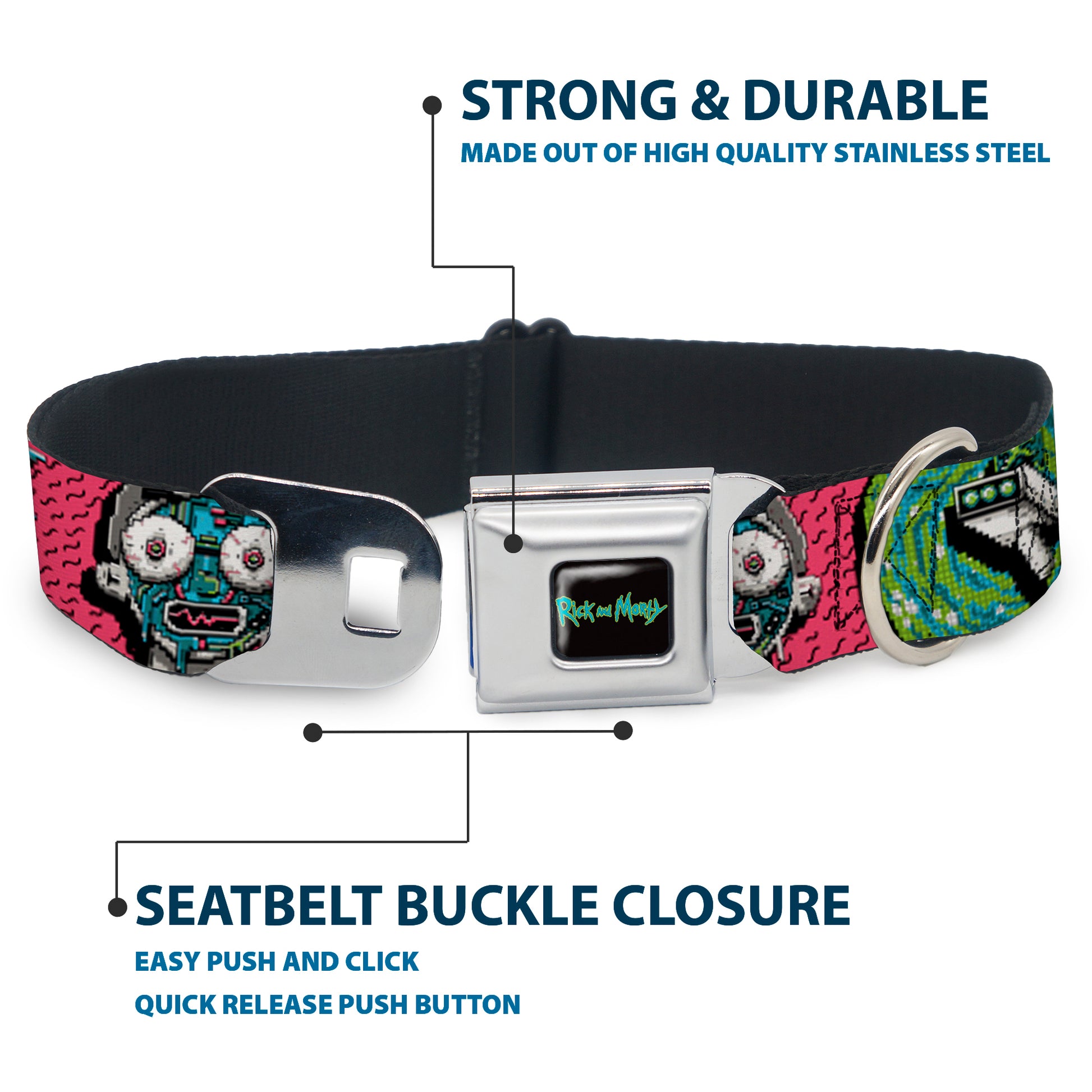 RICK AND MORTY Text Logo Full Color Black/Blue Seatbelt Buckle Collar - Rick and Morty Circuit Faces/Portal Gun Pink Seatbelt Buckle Collars Rick and Morty